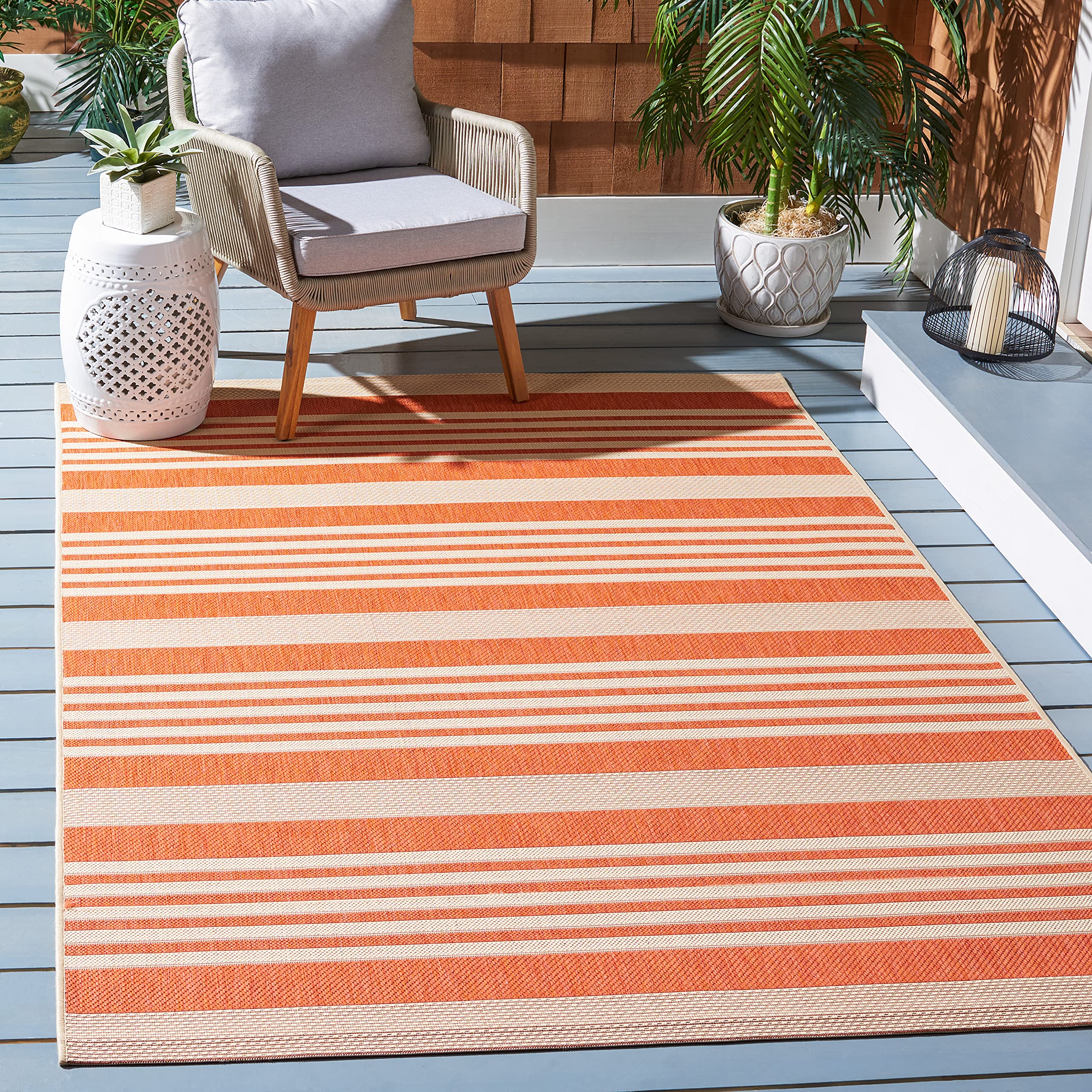 Safavieh Courtyard Collection Area Rug - 6'7'' X 9'6'', Terracotta & Beige, Stripe Design, Non-Shedding & Easy Care, Indoor/Outd