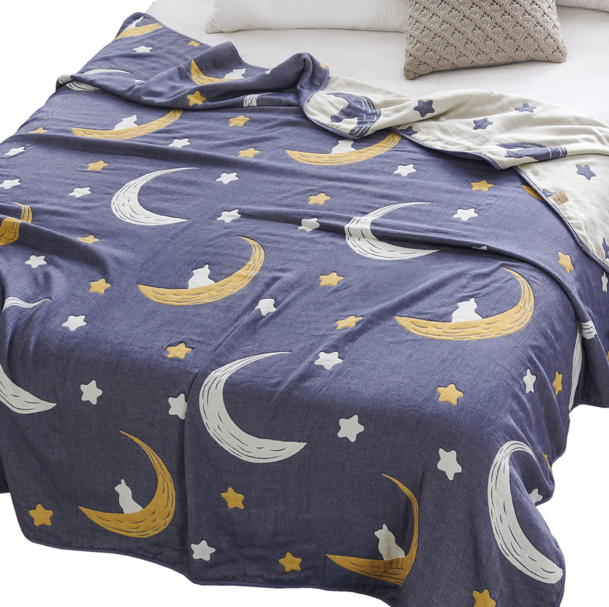 J-Pinno Bright Moon Stars Muslin Blanket Reversible 100% Cotton 6 Layer Quilt Bed Blanket Soft Warm Throw Sofa Couch Toddler Kid