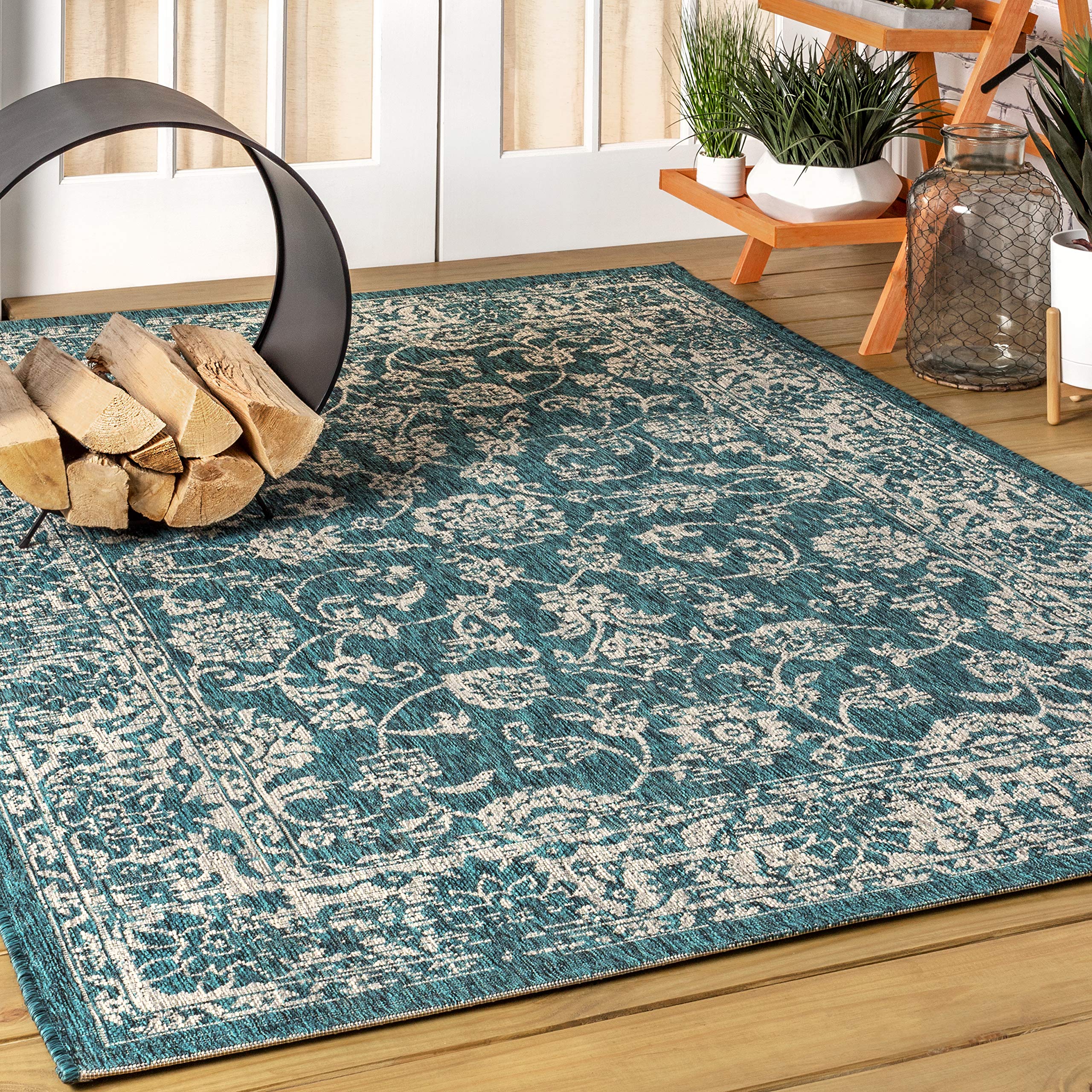 JONATHAN Y SMB100C-6 Tela Bohemian Textured Weave Floral Teal/Gray 6 ft. x 9 ft. Indoor/Outdoor Area Rug, Pet Friendly, Non-Shed