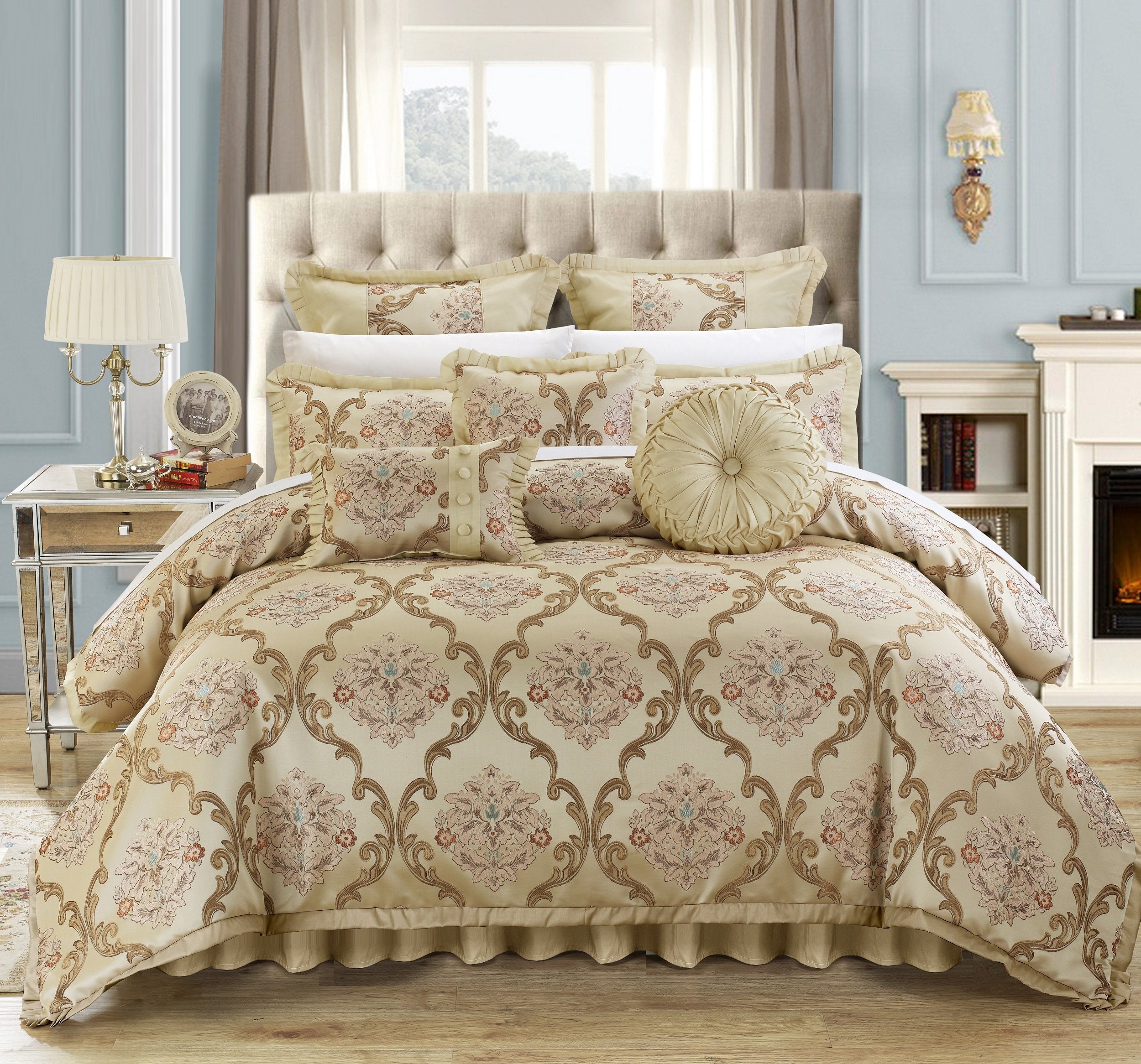Chic Home Aubrey King Size Comforter Set With Bed Skirt, Shams And 3 Decorative Pillows - Jacquard Bed Comforter King With Hypoa