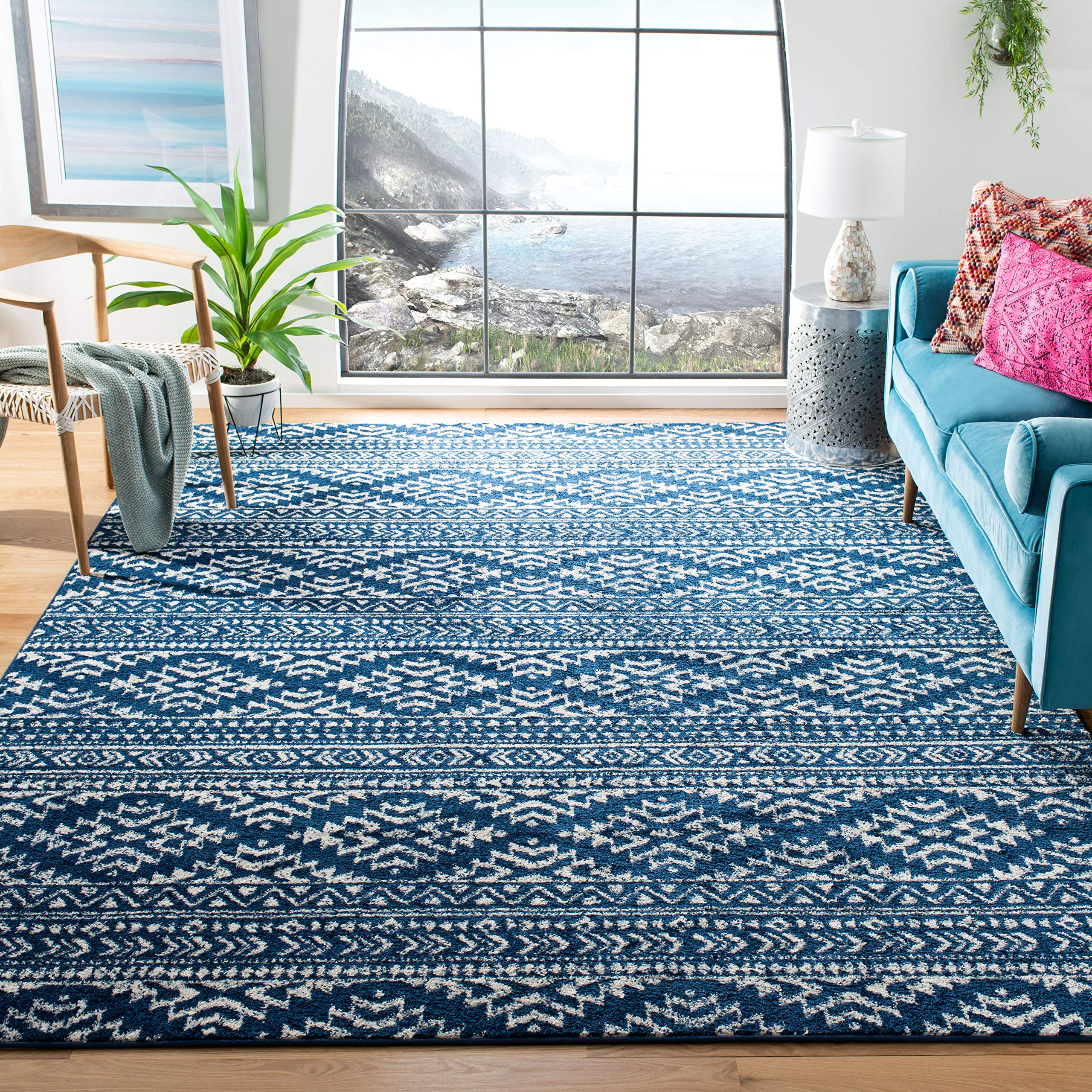 SAFAVIEH Tulum Collection Area Rug - 9 x 12, Navy & Ivory, Moroccan Boho Tribal Design, Non-Shedding & Easy Care, Ideal for Hi