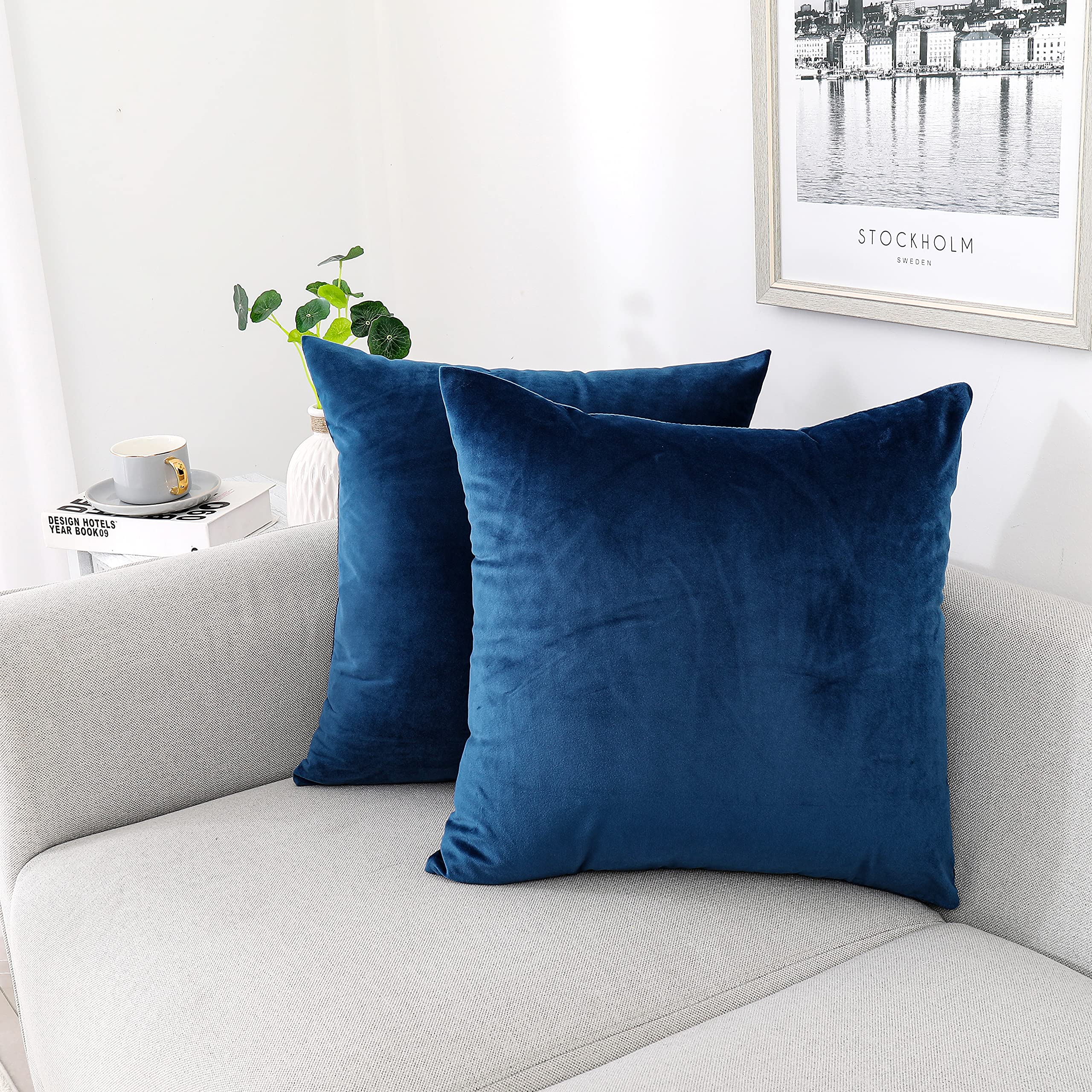 Nini All Decorative Throw Pillow Covers Velvet 16X16 Inch Pack Of 2 Blue Cushion Covers Soft For Couch Sofa Bedroom Living Room