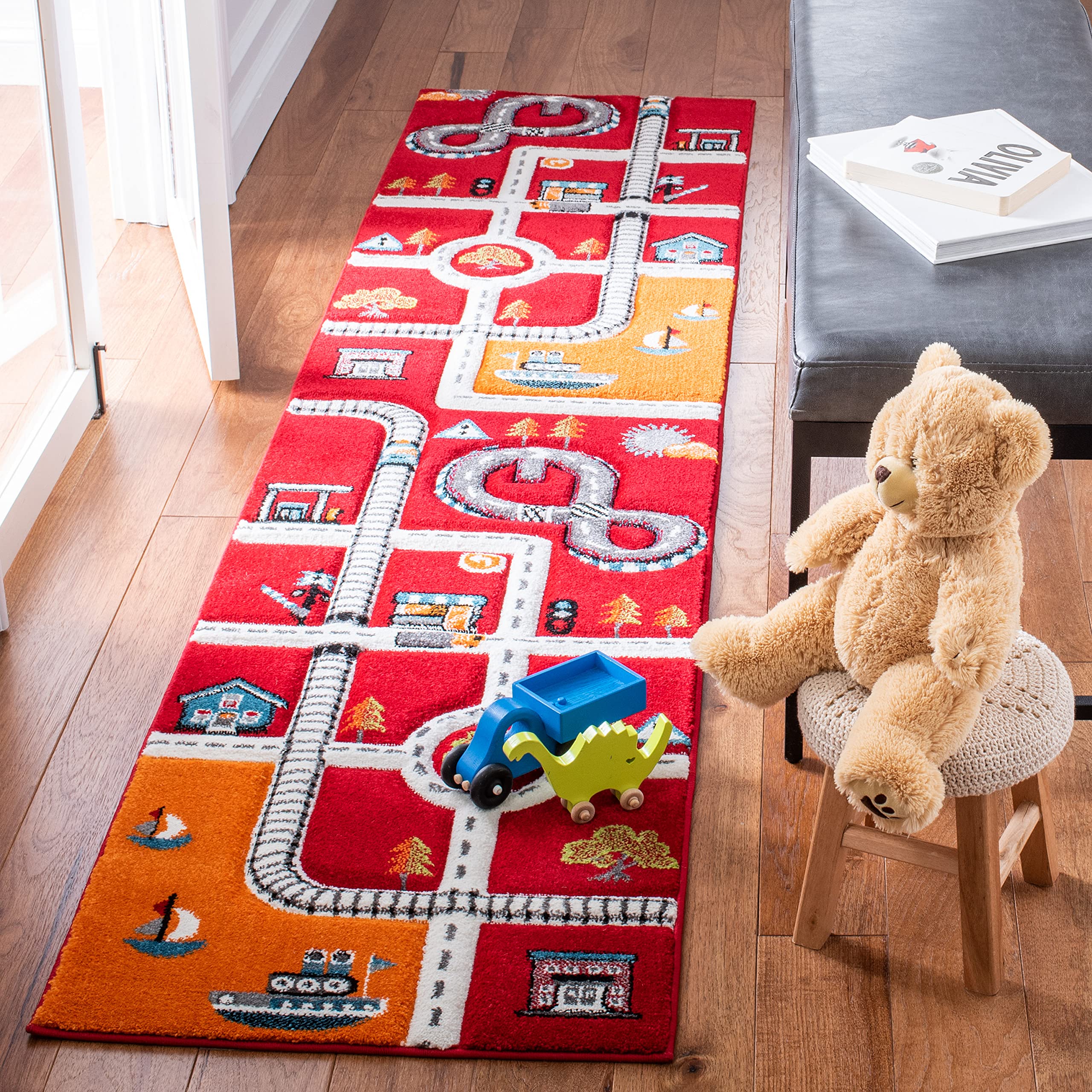 SAFAVIEH Carousel Kids Collection Runner Rug - 2 x 8, Red & Ivory, Neighborhood Design, Non-Shedding & Easy Care, Ideal for Hi