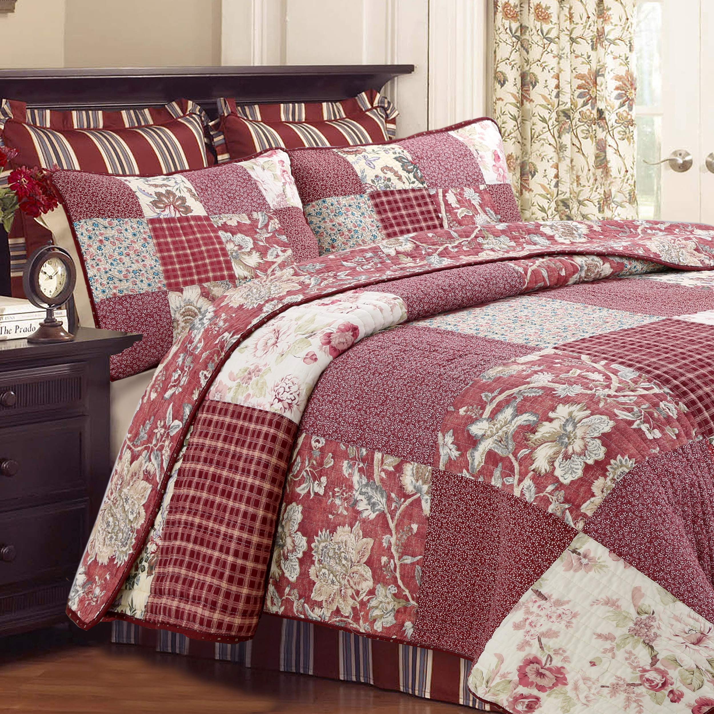 Cozy Line Home Fashions 100% Cotton True Patchwork Reversible Red Rose Plaid Floral Quilt Bedding Set, Coverlet Bedspread (Vinta