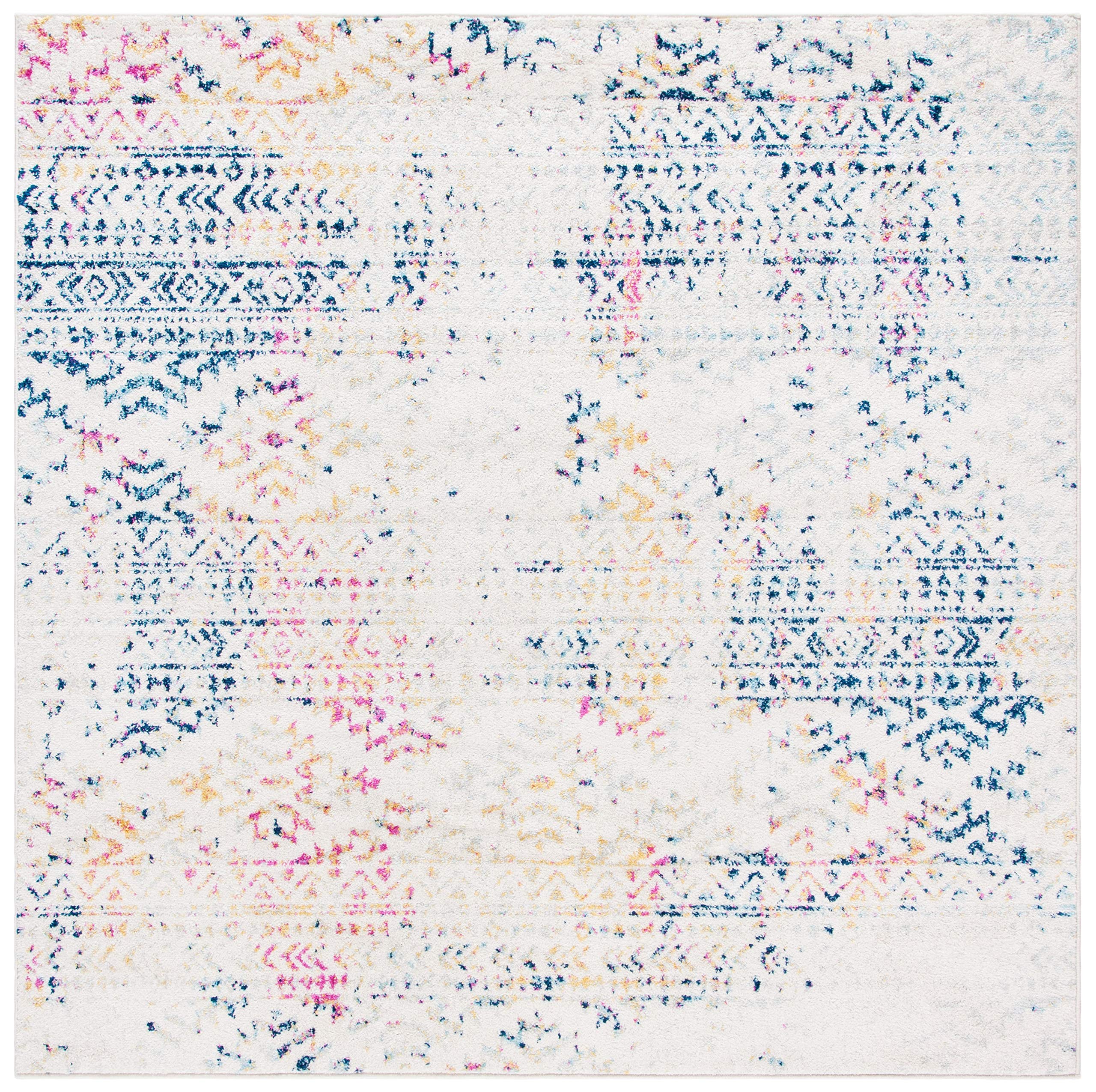 SAFAVIEH Tulum Collection 3 Square Ivory/Blue TUL272C Moroccan Boho Tribal Non-Shedding Living Room Bedroom Accent Rug