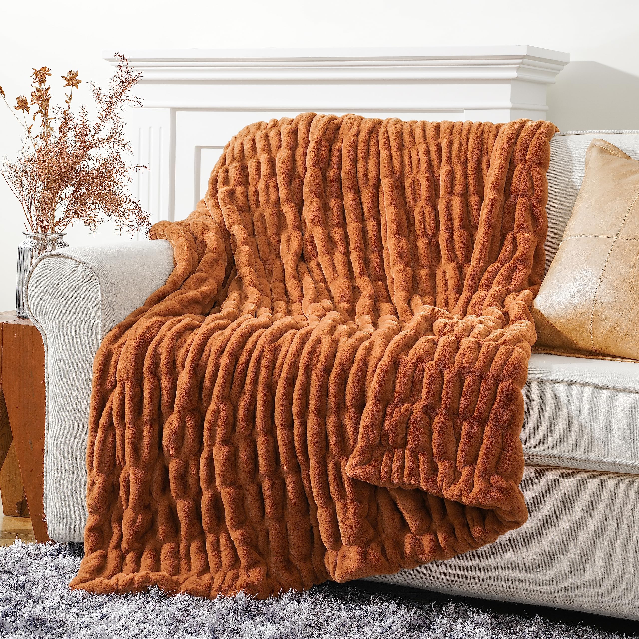 Battilo Home Burnt Orange Faux Fur Throw Blanket For Couch, Double Side Ruched Reversible Rabbit Fur Blanket For Bed, Sofa, Cozy