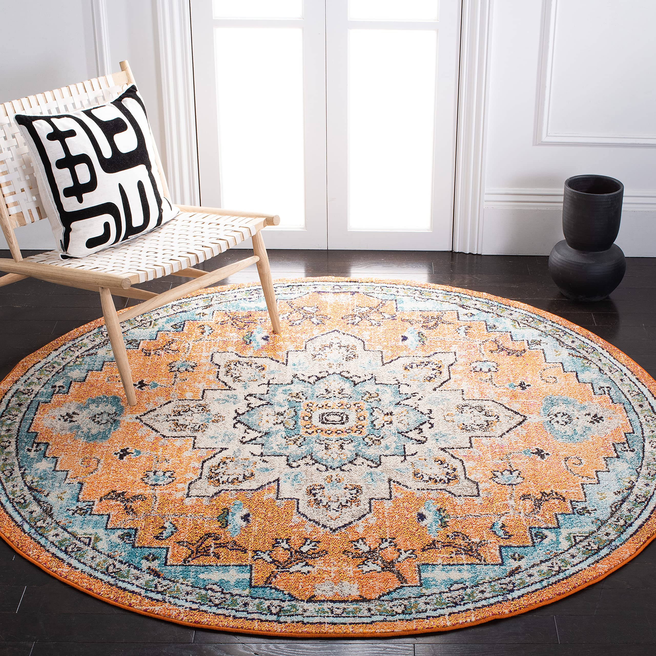 SAFAVIEH Madison Collection Area Rug - 67 Round, Orange & Teal, Boho Chic Medallion Distressed Design, Non-Shedding & Easy Care