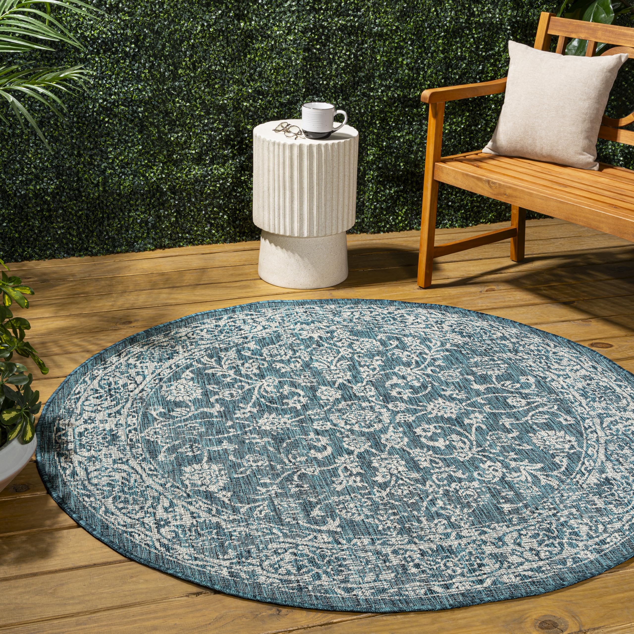 Jonathan Y Smb100C-3R Tela Bohemian Textured Weave Floral Teal/Gray 3' Round Indoor/Outdoor Area Rug, Pet Friendly, Non-Shedding