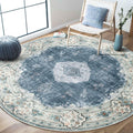 MUJOO Blue Round Rug 6ft,Circle Washable Area Rugs for Bedroom Living Room Bathroom,Boho Large Non Slip Circular Carpet,Floral