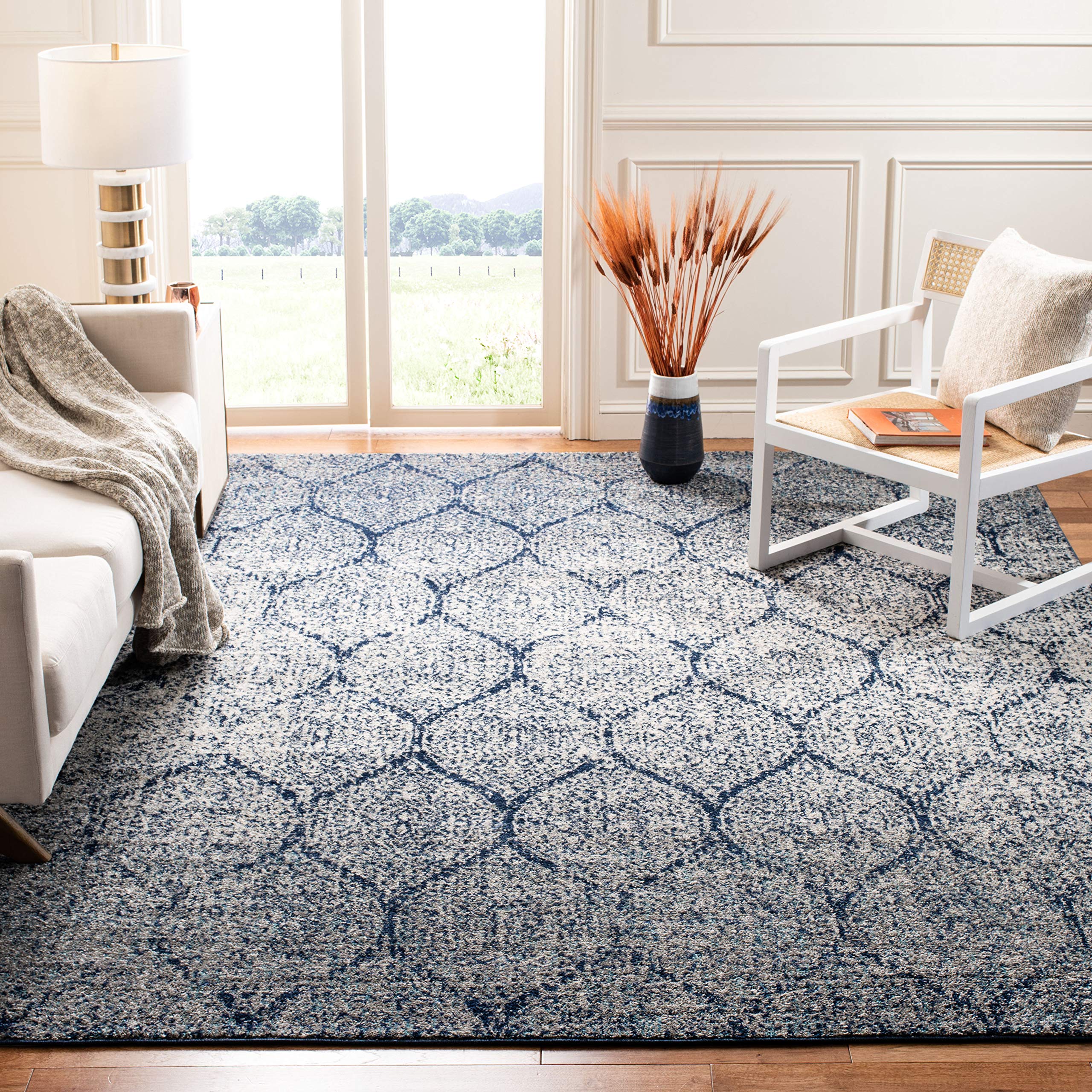 SAFAVIEH Madison Collection X-Large Area Rug - 12 x 15, Navy & Silver, Glam Ogee Trellis Distressed Design, Non-Shedding & Eas