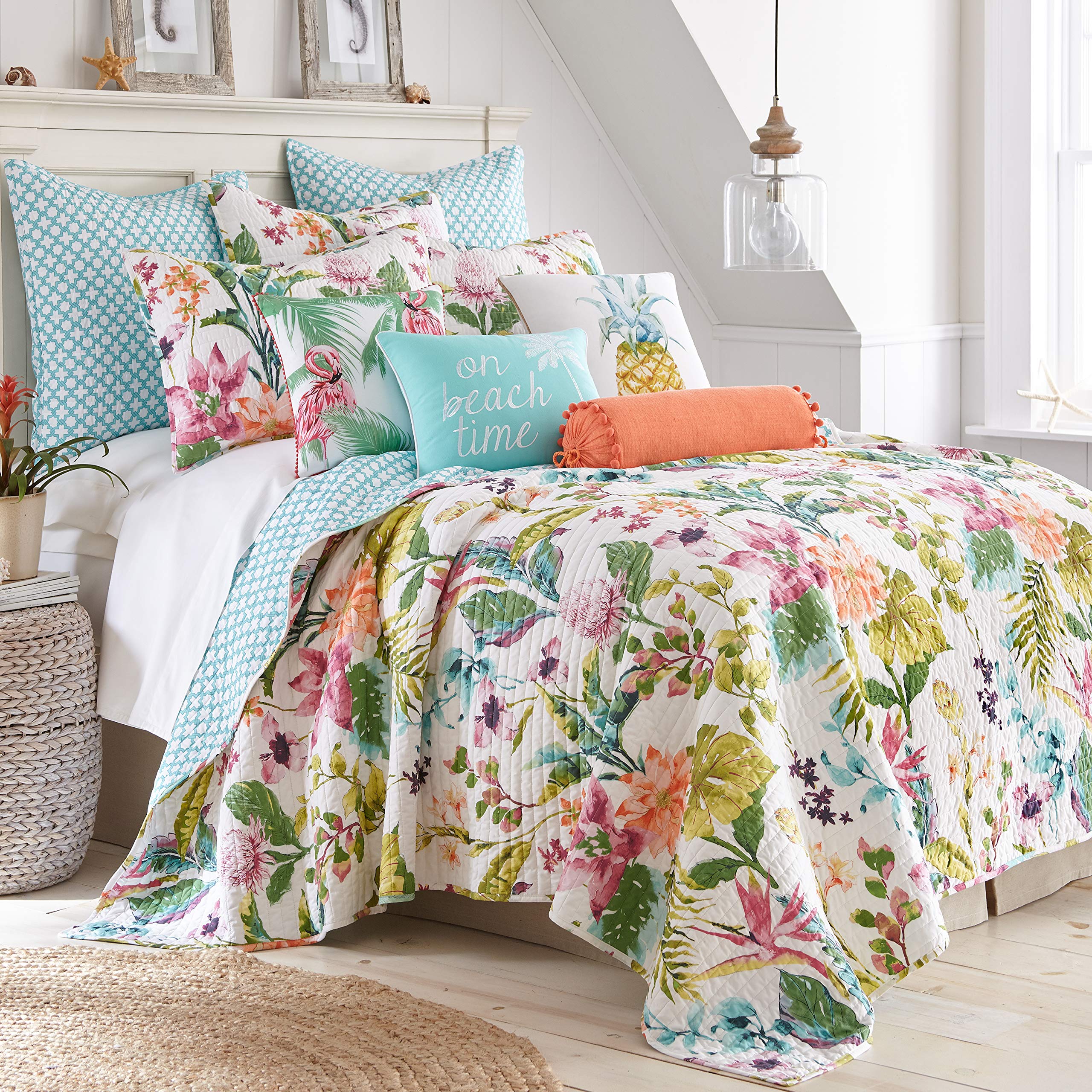 Levtex Home - Malana Quilt Set - Twin Quilt + One Standard Pillow Sham - Tropical - Green, Coral, Plum, Teal - Quilt (68X86In.)