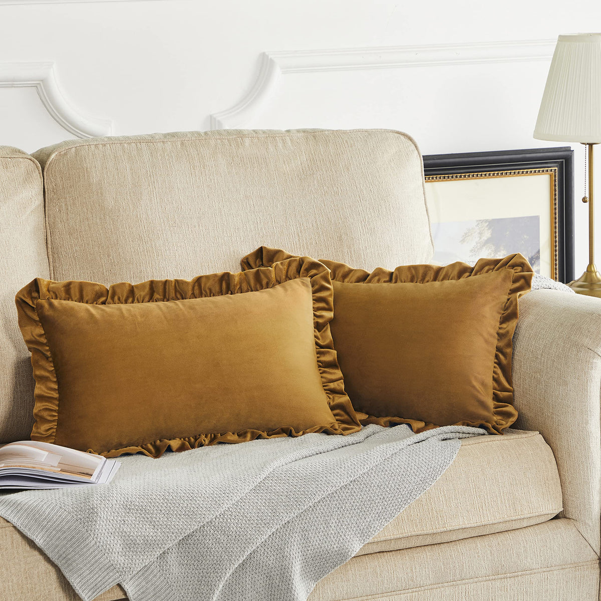 Gigizaza Pack Of 2 Lumber Throw Pillow Covers 12X20, Dark Gold Decorative Ruffle Pillow Cushion Cover Velvet For Couch