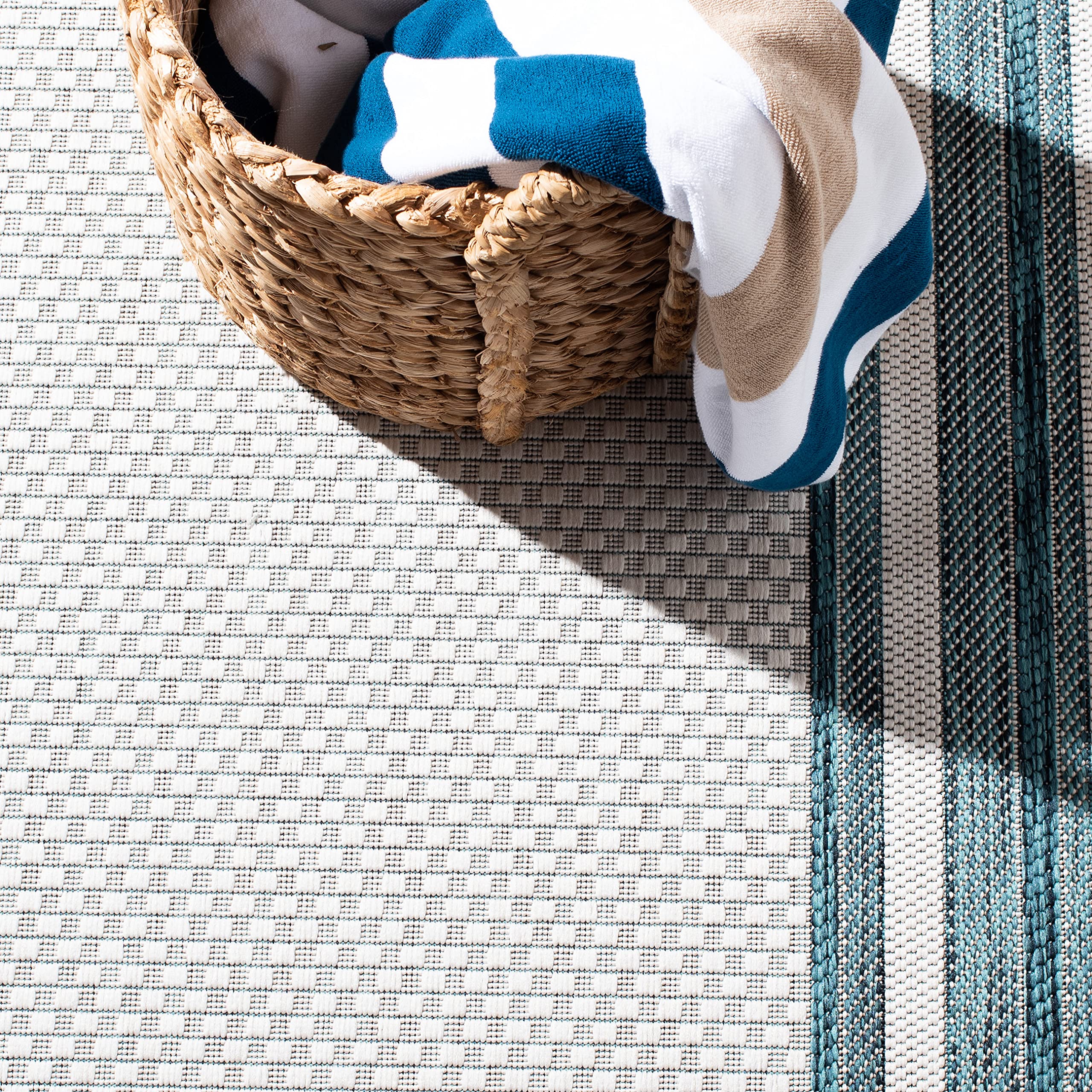 Safavieh Courtyard Collection 4' X 5'7' Ivory / Teal Cy8475 Indoor/ Outdoor Patio Backyard Mudroom Accent Rug