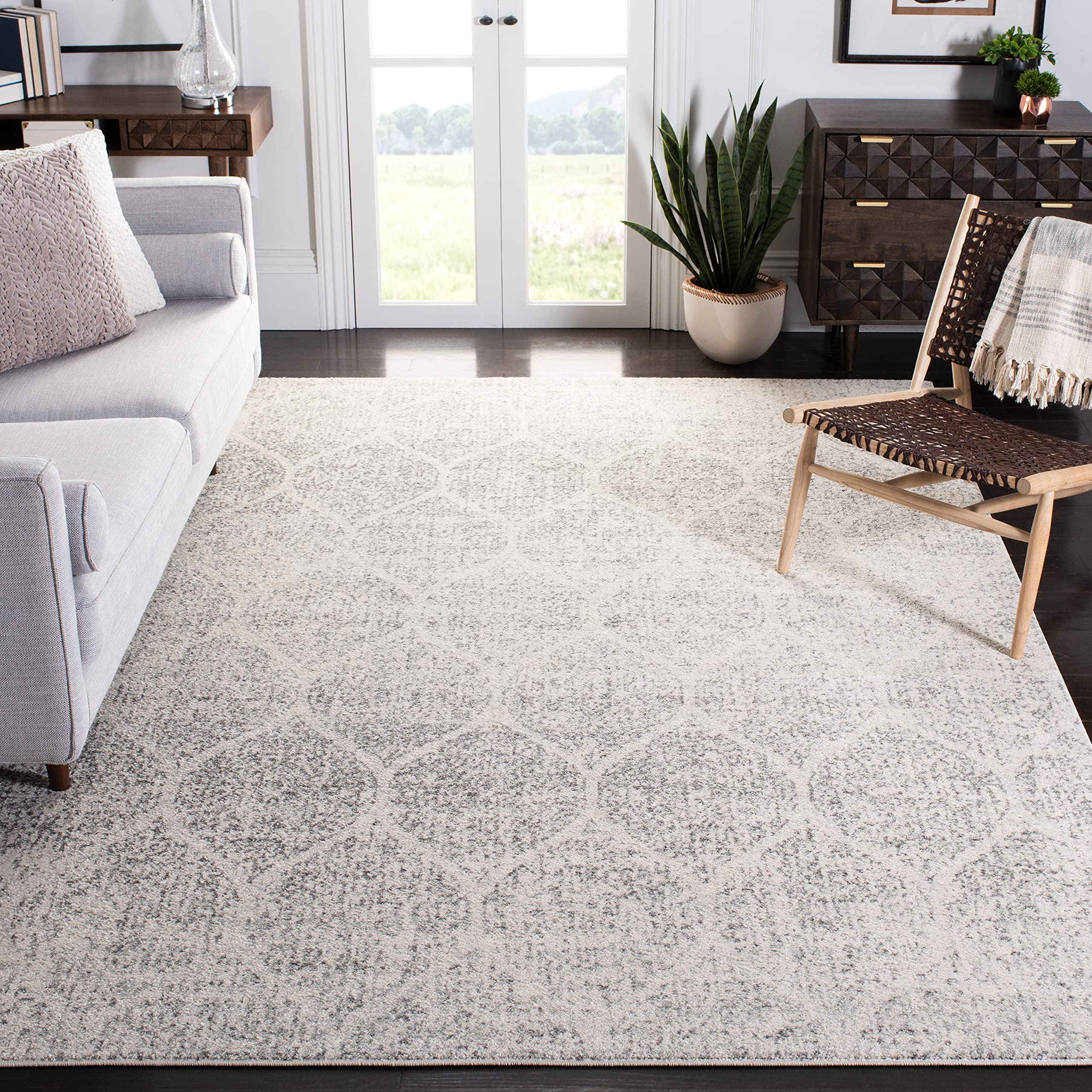 SAFAVIEH Madison Collection X-Large Area Rug - 12 x 15, Ivory & Silver, Glam Ogee Trellis Distressed Design, Non-Shedding & Ea
