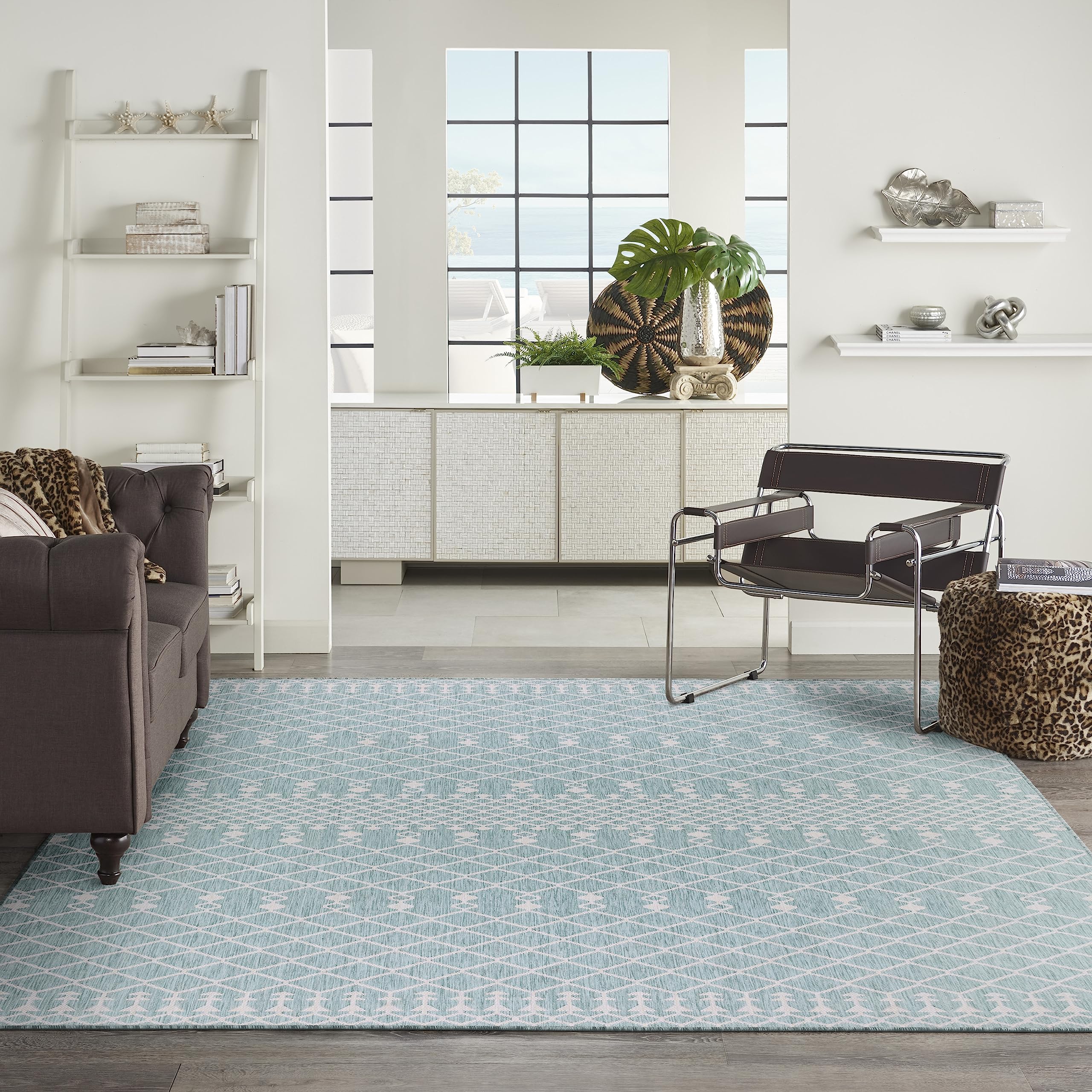 Nourison Positano Indoor/Outdoor Aqua 8' X 10' Area Rug, Easy Cleaning, Non Shedding, Bed Room, Living Room, Dining Room, Backyard, Deck, Patio (8X10)