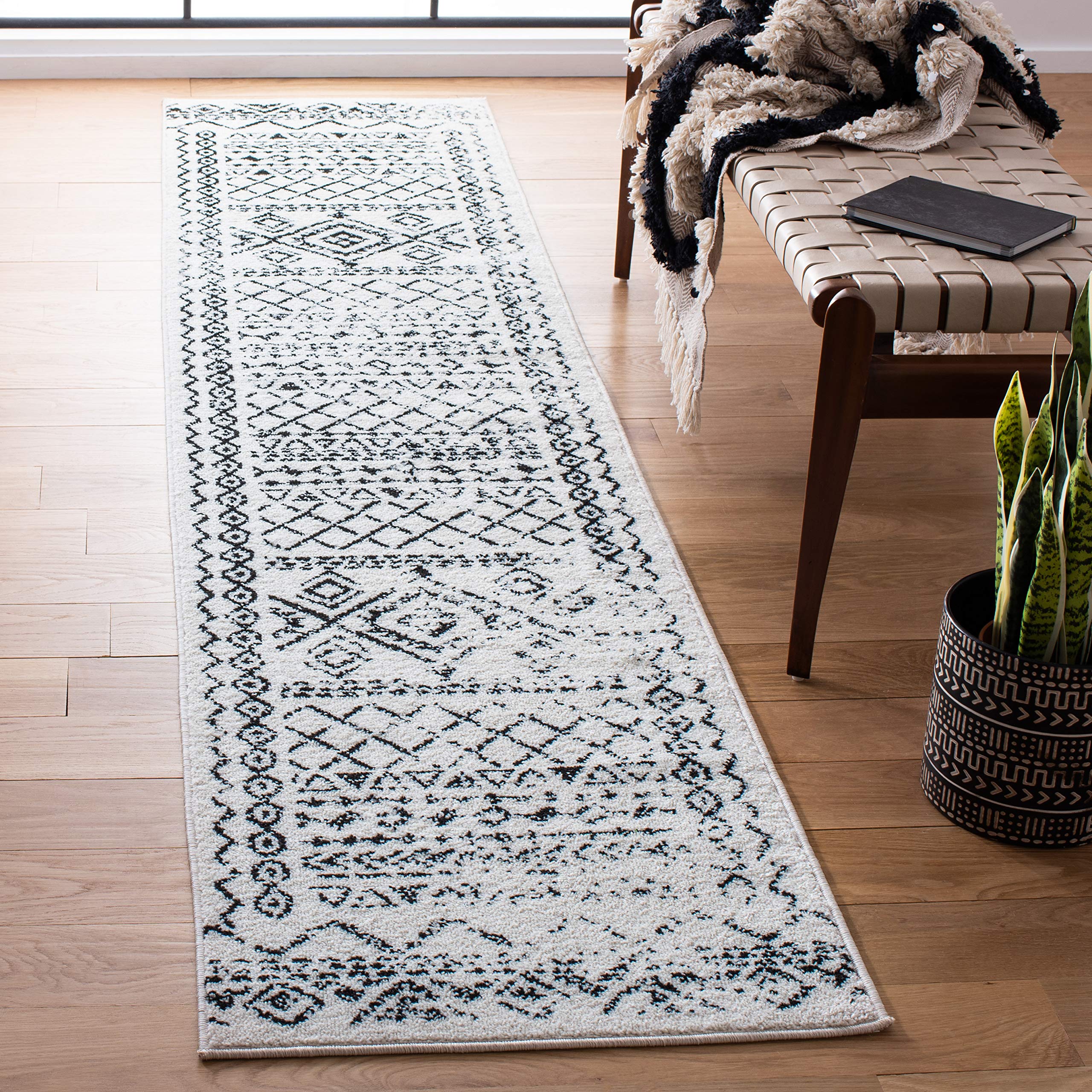 SAFAVIEH Tulum Collection Runner Rug - 2 x 15, Ivory & Black, Moroccan Boho Distressed Design, Non-Shedding & Easy Care, Ideal