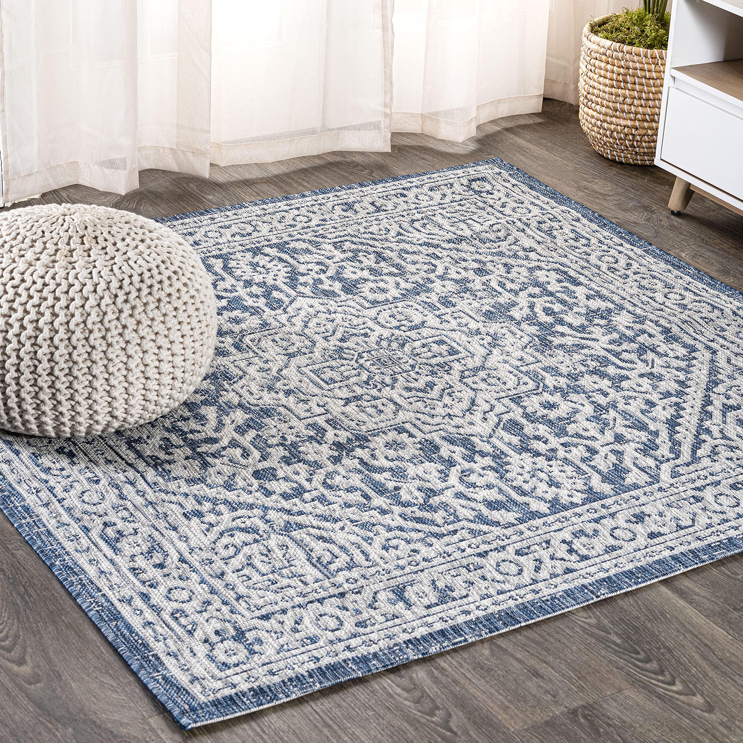 Jonathan Y Smb101B-8Sq Sinjuri Medallion Textured Weave Navy/Gray 8' Square Indoor/Outdoor Area Rug, Pet Friendly, Non-Shedding,
