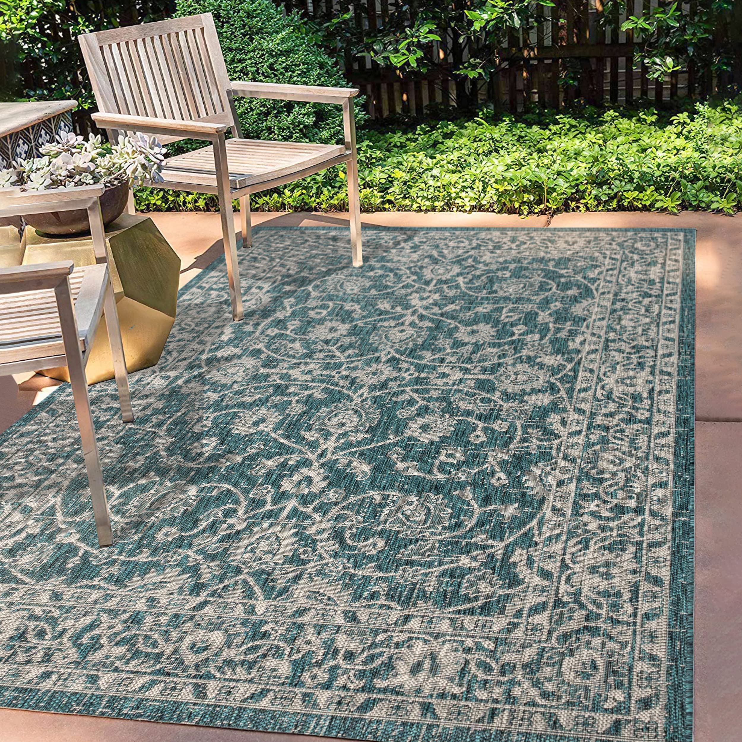 Jonathan Y Smb103B-3 Palazzo Vine And Border Textured Weave Indoor/Outdoor Teal/Gray 3 Ft. X 5 Ft. Area-Rug, Coastal,Easy-Cleaning,Hightraffic,Livingroom,Backyard, Non Shedding