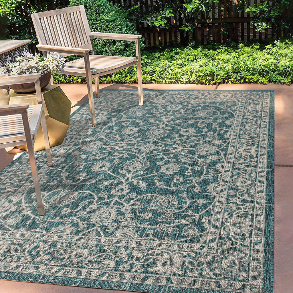 Jonathan Y Smb103B-9 Palazzo Vine And Border Textured Weave Indoor Outdoor Area-Rug Coastal Bohemian Rustic Glam Easy Cleaning Bedroom Kitchen Backyard Patio Non Shedding, 9 X 12, Teal/Gray