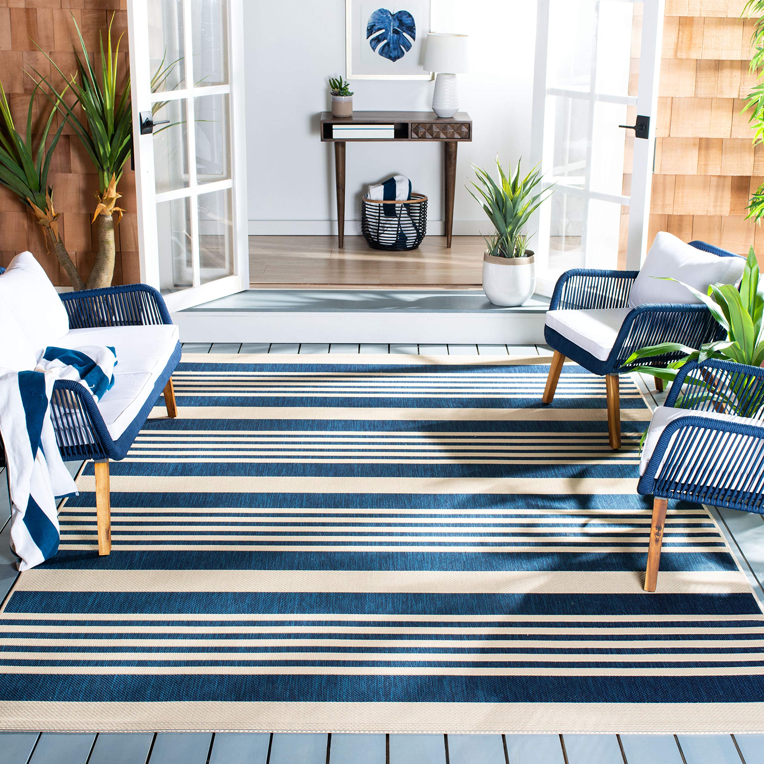 SAFAVIEH Courtyard Collection Area Rug - 8 x 11, Navy & Beige, Non-Shedding & Easy Care, Indoor/Outdoor & Washable-Ideal for P