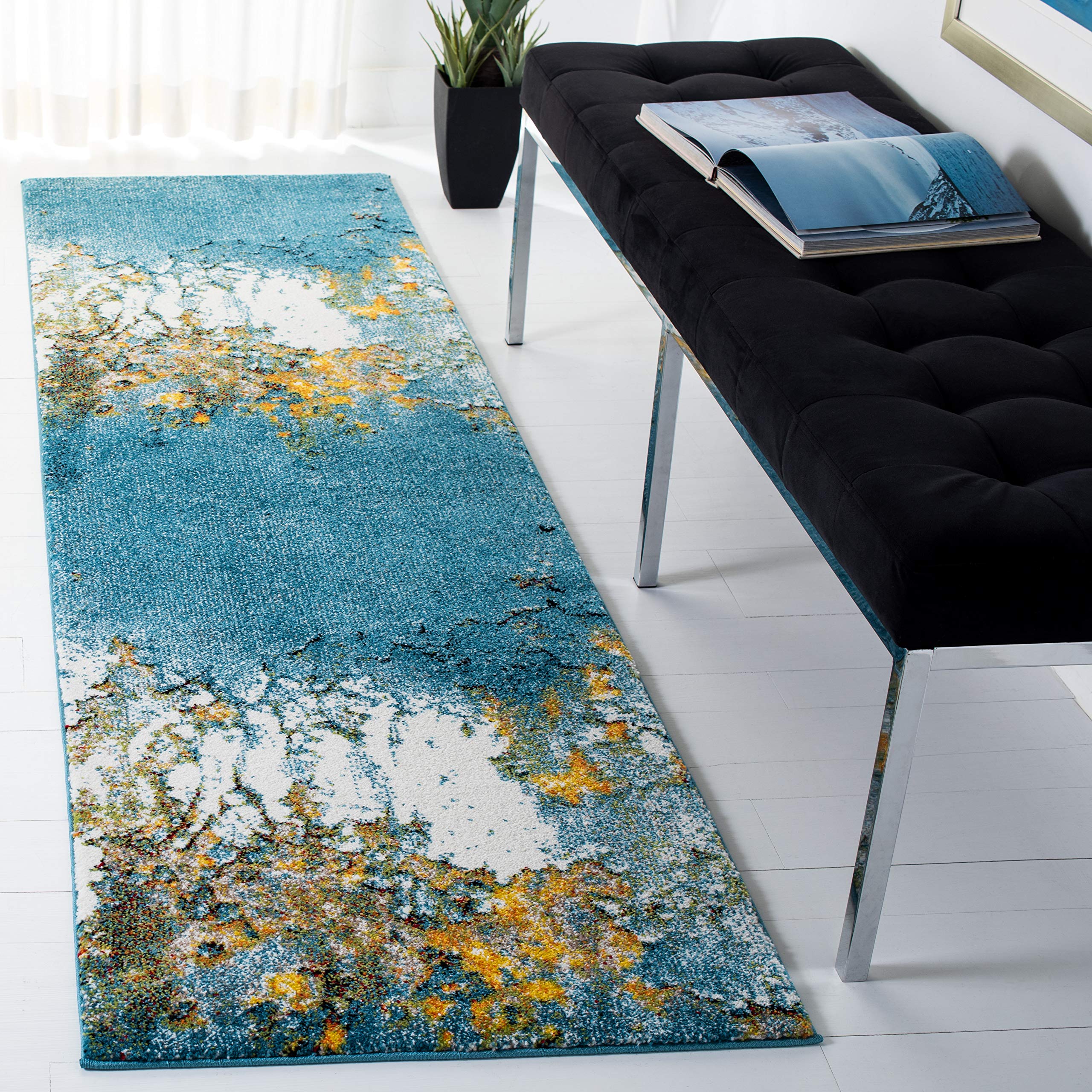 SAFAVIEH Glacier Collection 23 x 6 Blue/Gold GLA125M Modern Abstract Non-Shedding Living Room Entryway Foyer Hallway Bedroom R