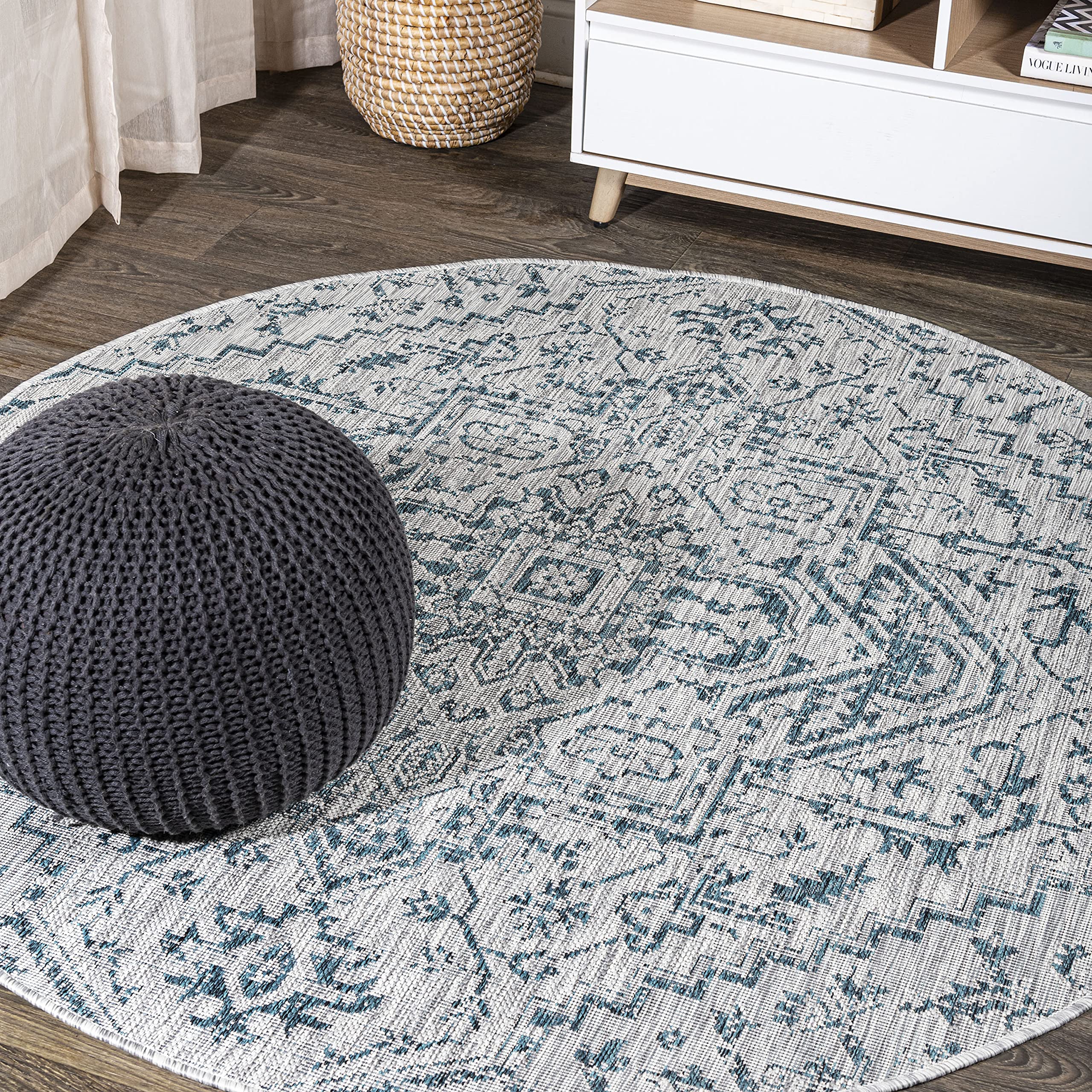 Jonathan Y Smb105C-5R Estrella Bohemian Medallion Textured Weave Indoor Outdoor Area-Rug Coastal Bohemian Rustic Glam Easy-Cleaning Bedroom Kitchen Backyard Patio Non Shedding, 5' Round, Teal/Gray