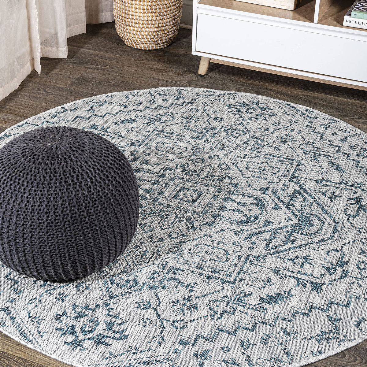 Jonathan Y Smb105C-9R Estrella Bohemian Medallion Textured Weave Teal/Gray 9' Round Indoor/Outdoor Area Rug, Pet Friendly, Non-S