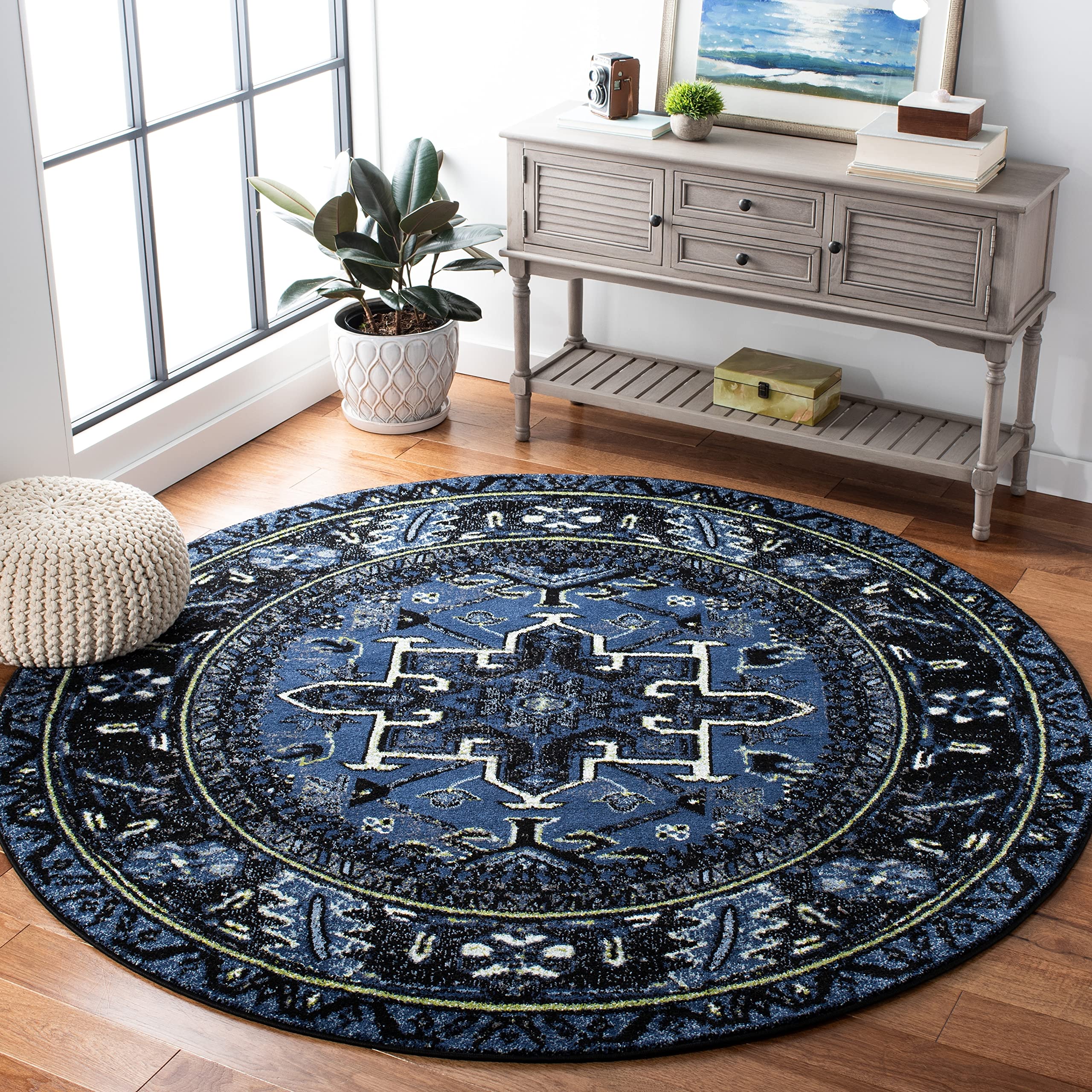 SAFAVIEH Vintage Hamadan Collection 3 Round Light Blue/Black VTH211N Oriental Traditional Persian Non-Shedding Living Room Bedr