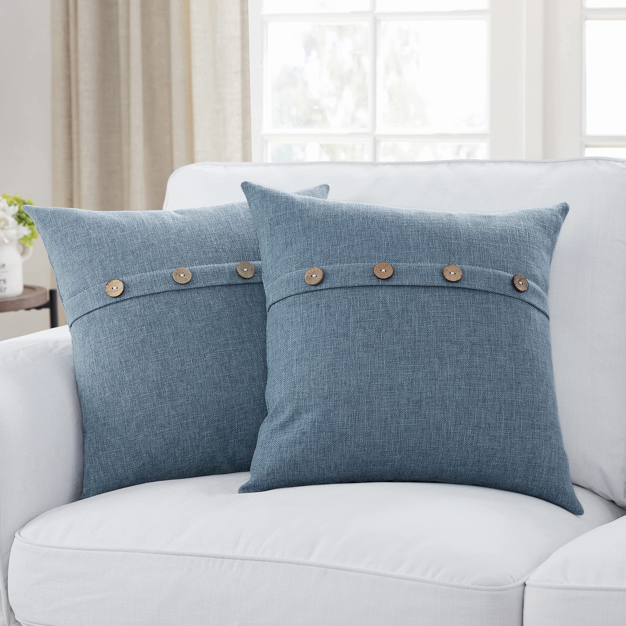 Meekio Set Of 2 Deep Grey Blue Square Pillow Covers 20 X 20 Farmhouse Pillow Covers With Coconut Buttons For Sofa Couch Living R