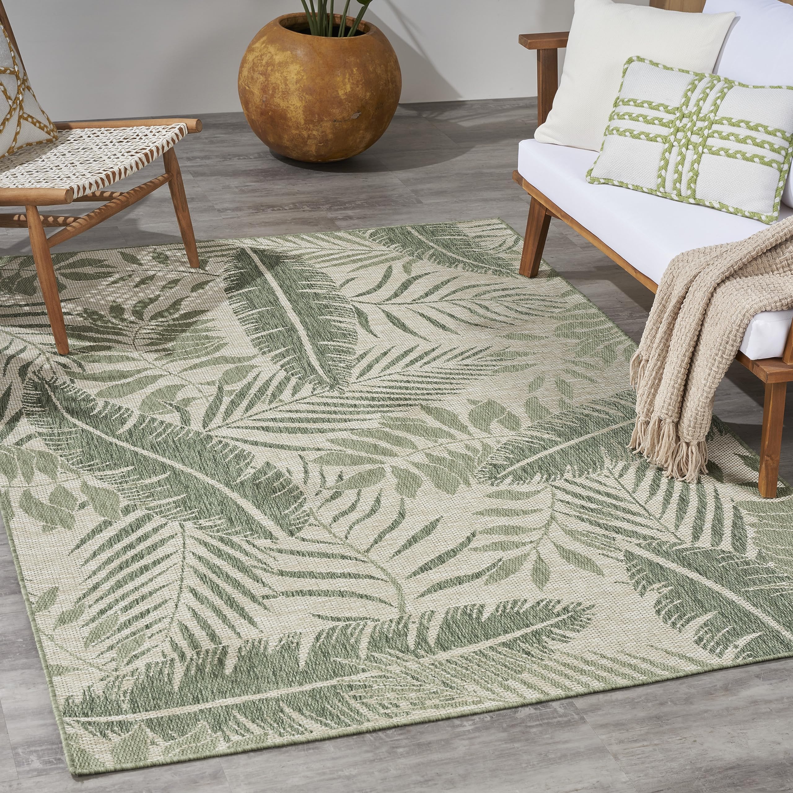 Nourison Garden Oasis Indoor/Outdoor Ivory Green 6' X 9' Area Rug, Easy Cleaning, Non Shedding, Bed Room, Living Room, Dining Ro