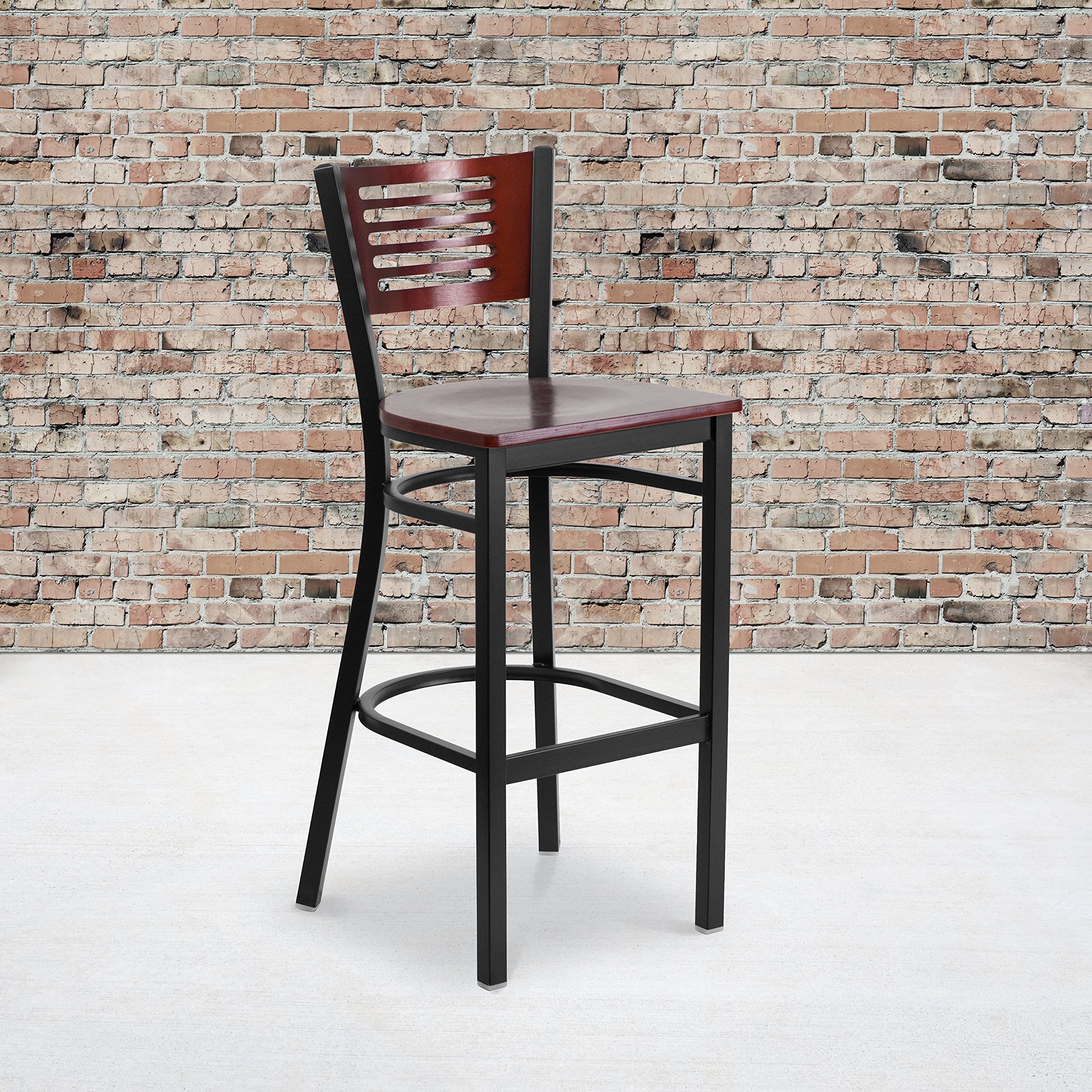 Flash Furniture Hercules Series Black Slat Back Metal Restaurant Barstool - Mahogany Wood Back & Seat