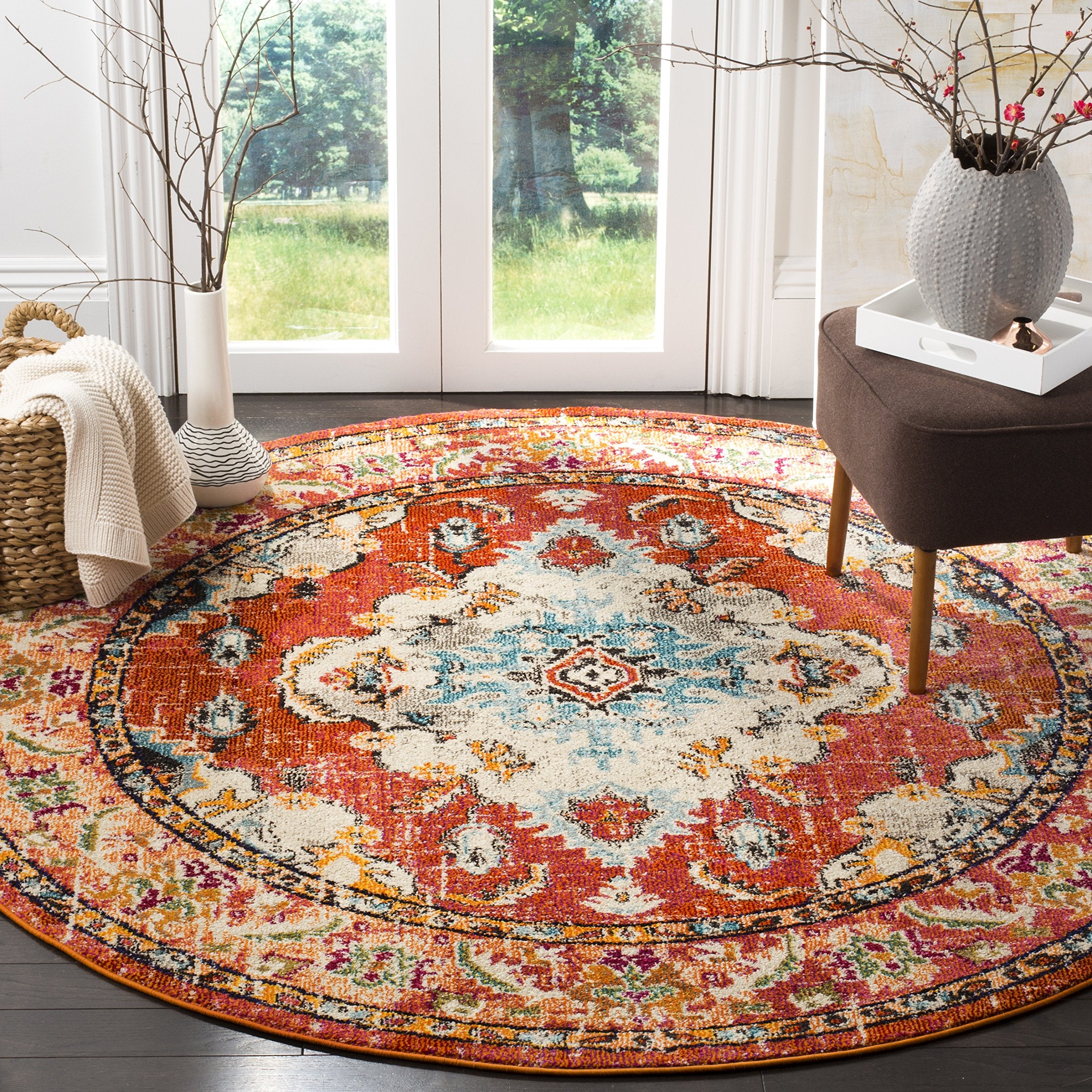 SAFAVIEH Monaco Collection 11 Round Orange / Light Blue MNC243H Boho Chic Medallion Distressed Non-Shedding Dining Room Entrywa