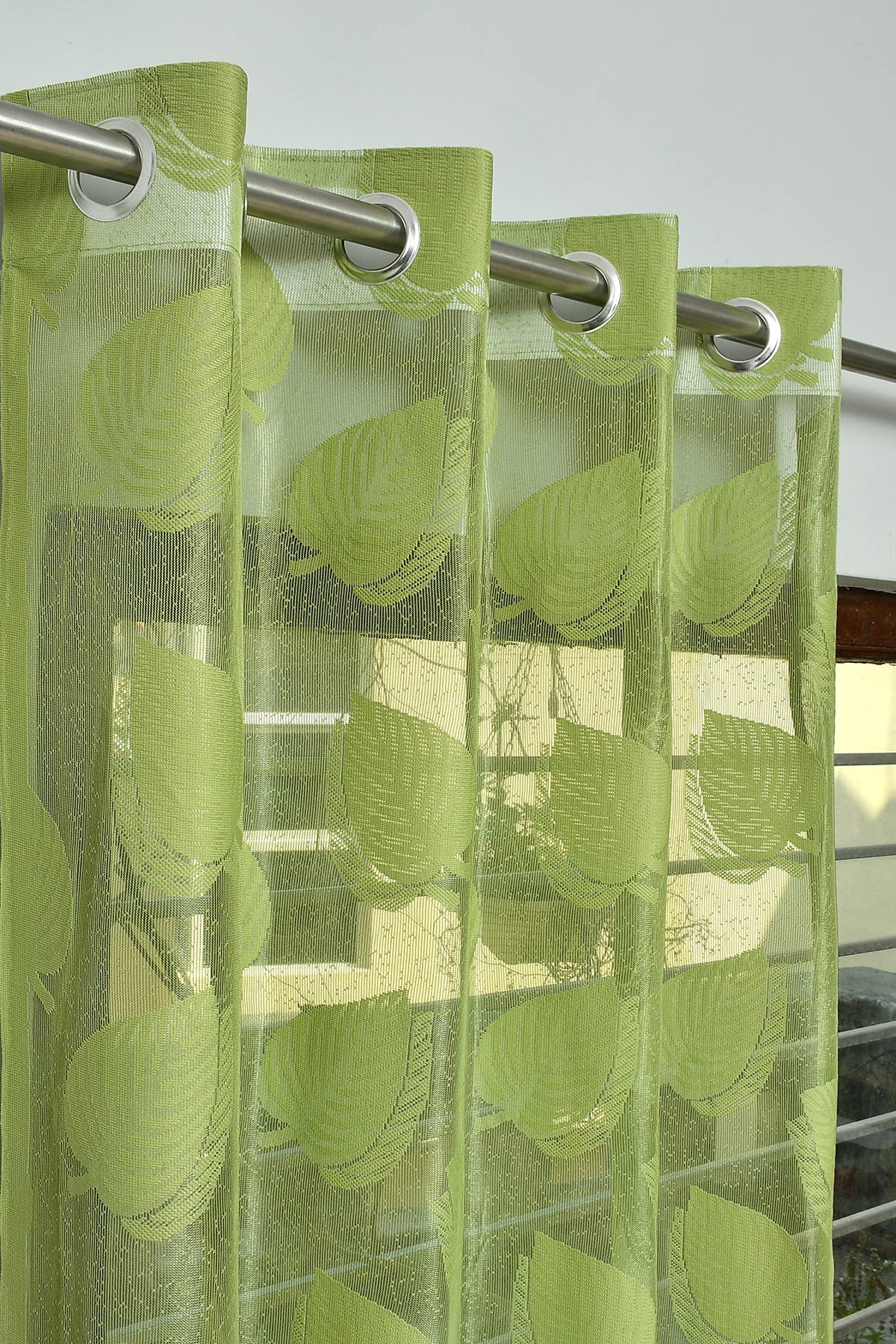 FAB CASTLE Net Semi Sheer Transparent Leaf Curtains for Window 5 Feet, Pack of 1, Green