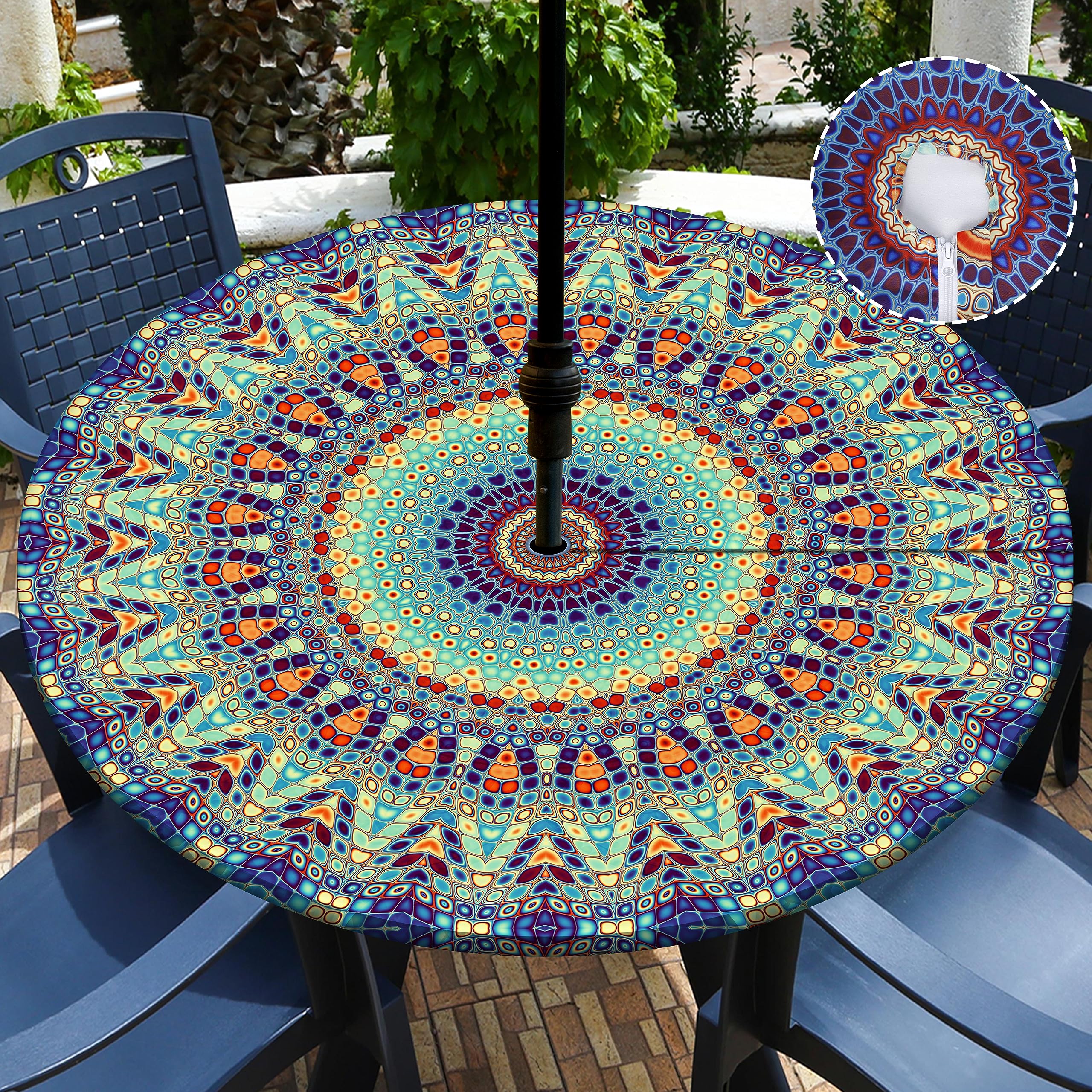 Buwuta Outdoor Tablecloth With Umbrella Hole Waterproof Round Fitted Tablecloth With Elastic Zippered Wipeable Table Cloth Round