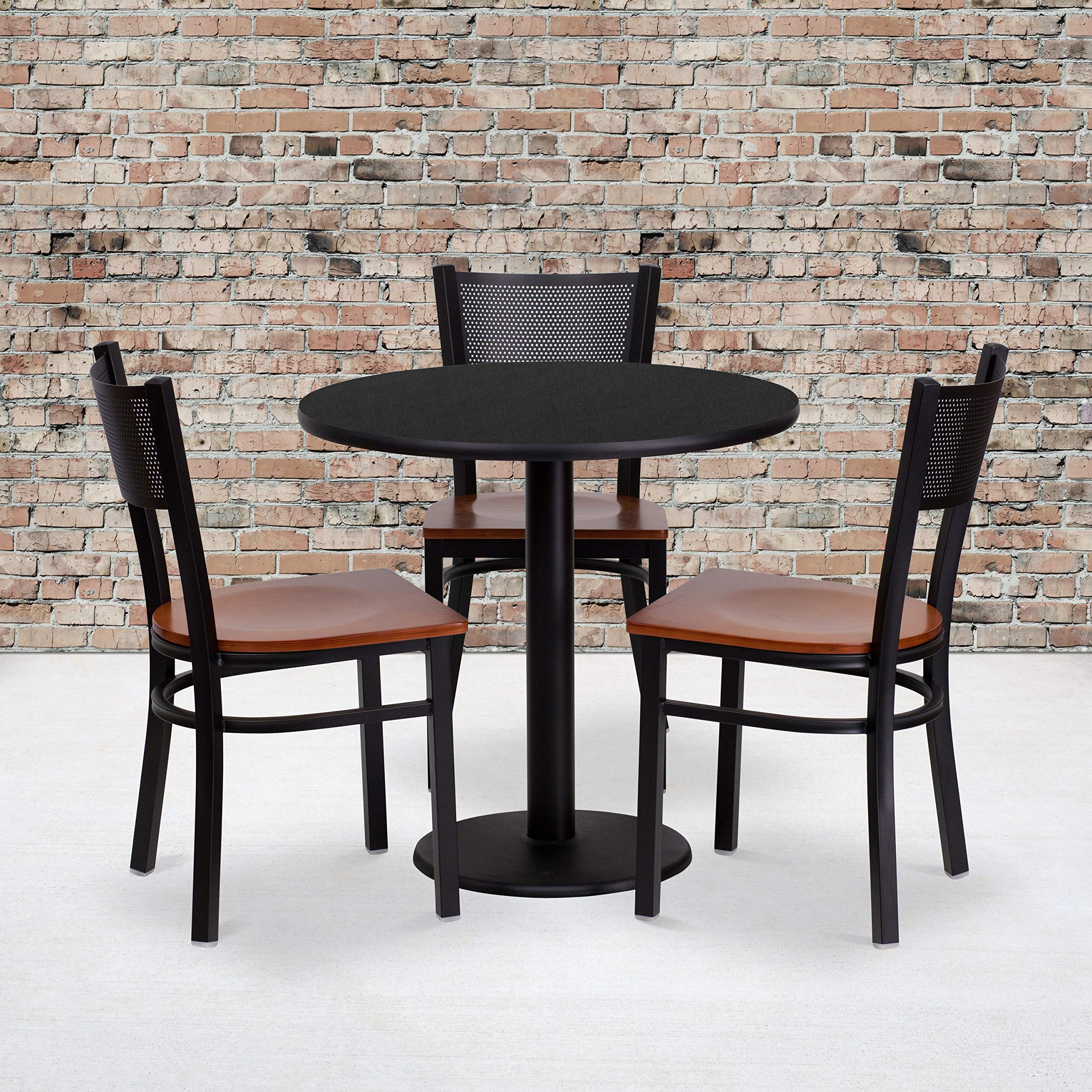 Flash Furniture 30'' Round Black Laminate Table Set With 3 Grid Back Metal Chairs - Cherry Wood Seat