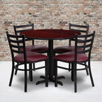Flash Furniture Carlton 36'' Round Mahogany Laminate Table Set with X-Base and 4 Ladder Back Metal Chairs - Burgundy Vinyl Seat