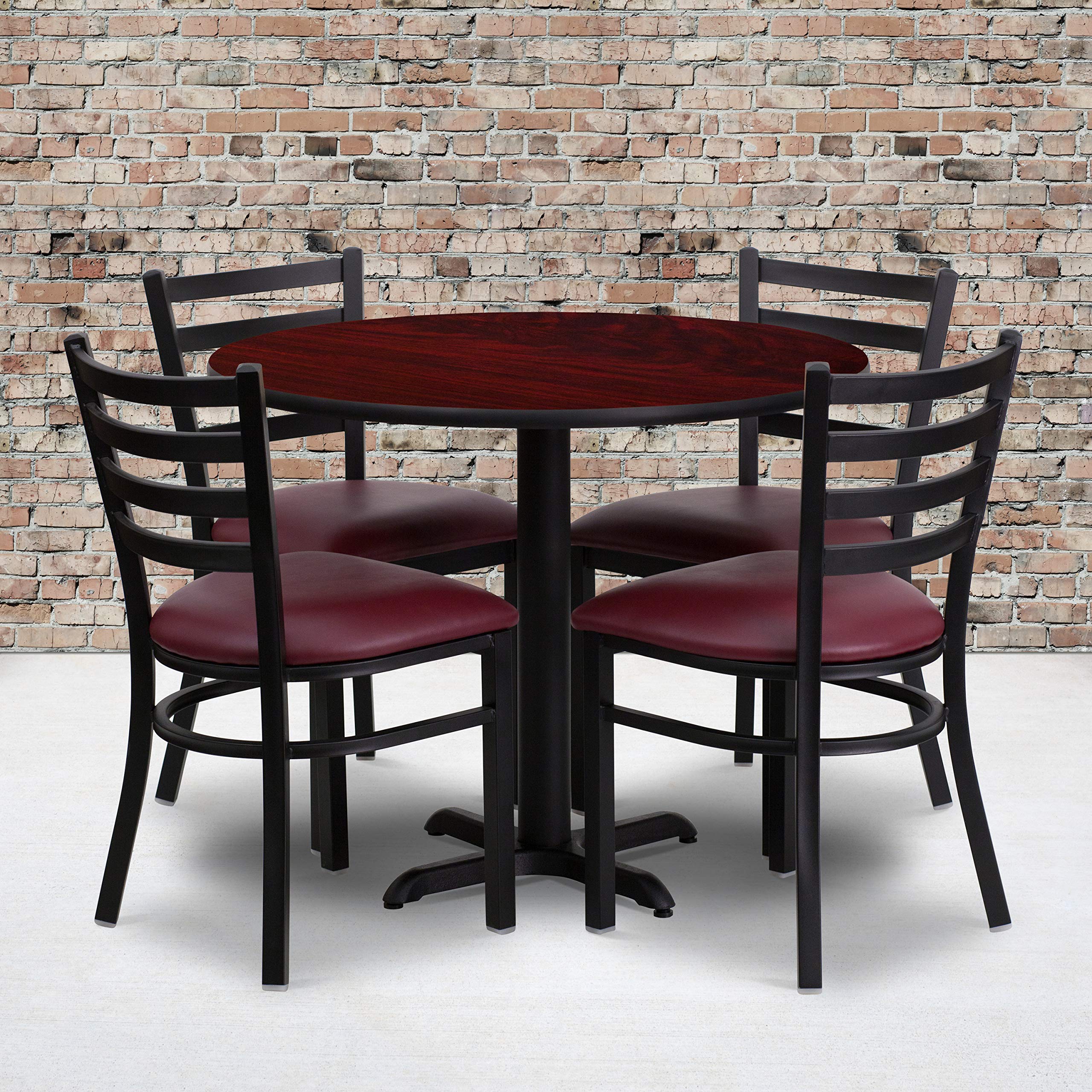 Flash Furniture Carlton 36'' Round Mahogany Laminate Table Set with X-Base and 4 Ladder Back Metal Chairs - Burgundy Vinyl Seat