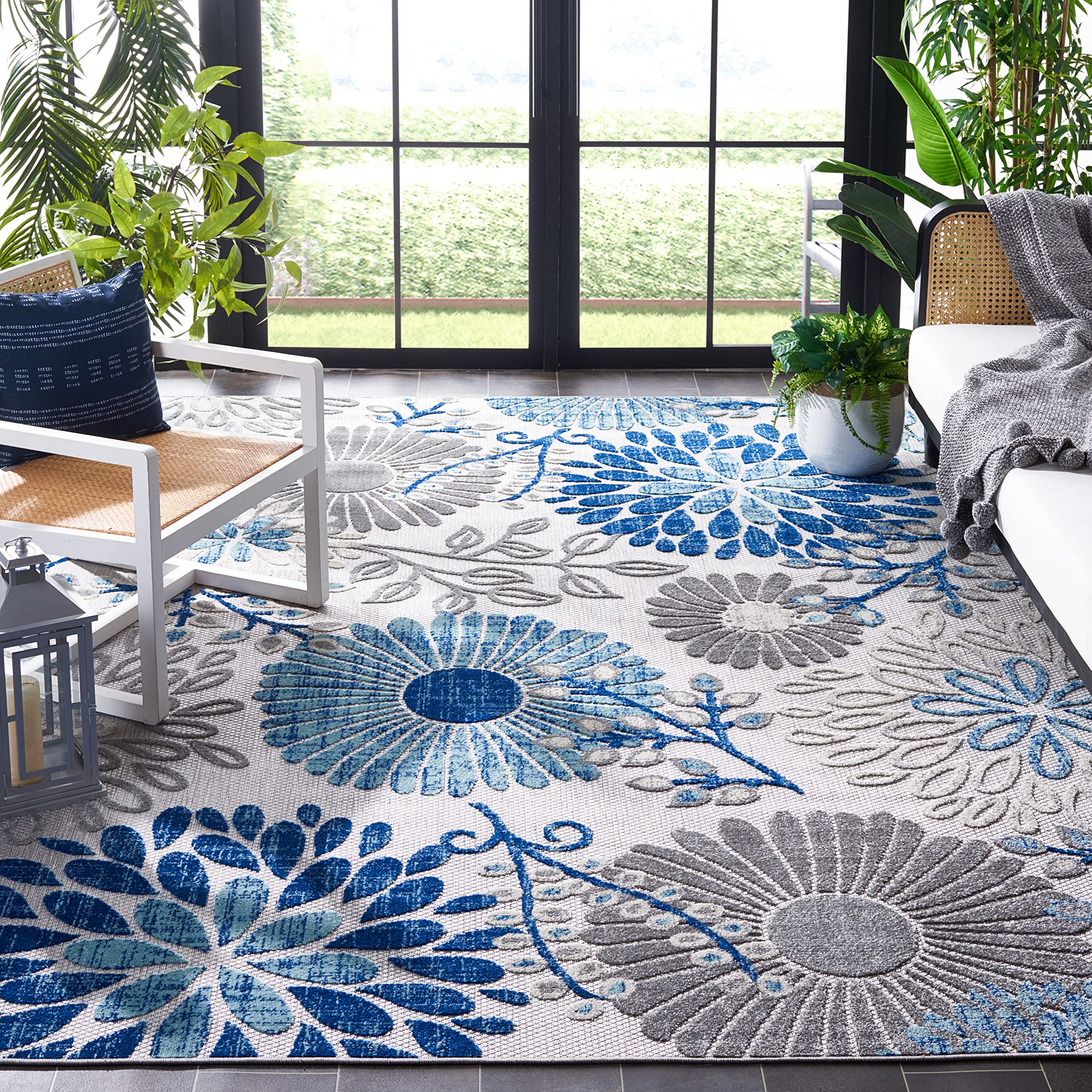 Safavieh Cabana Collection Area Rug - 9' X 12', Grey & Blue, Floral Design, Non-Shedding & Easy Care, Indoor/Outdoor & Washable-Ideal For Patio, Backyard, Mudroom (Cbn832F)