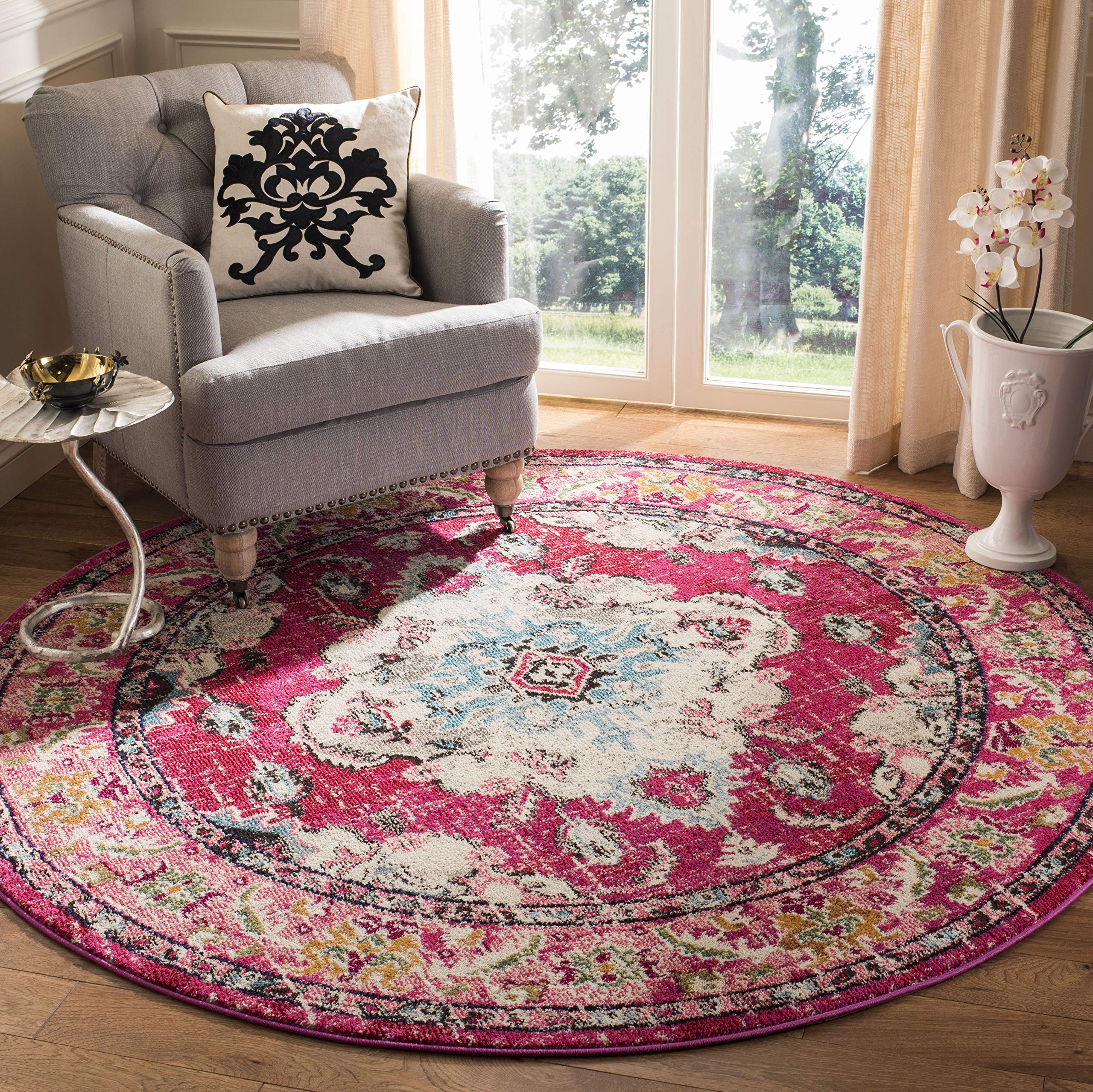SAFAVIEH Monaco Collection 4 Round PinkMulti MNC243D Boho Chic Medallion Distressed Non-Shedding Living Room Bedroom Area Rug