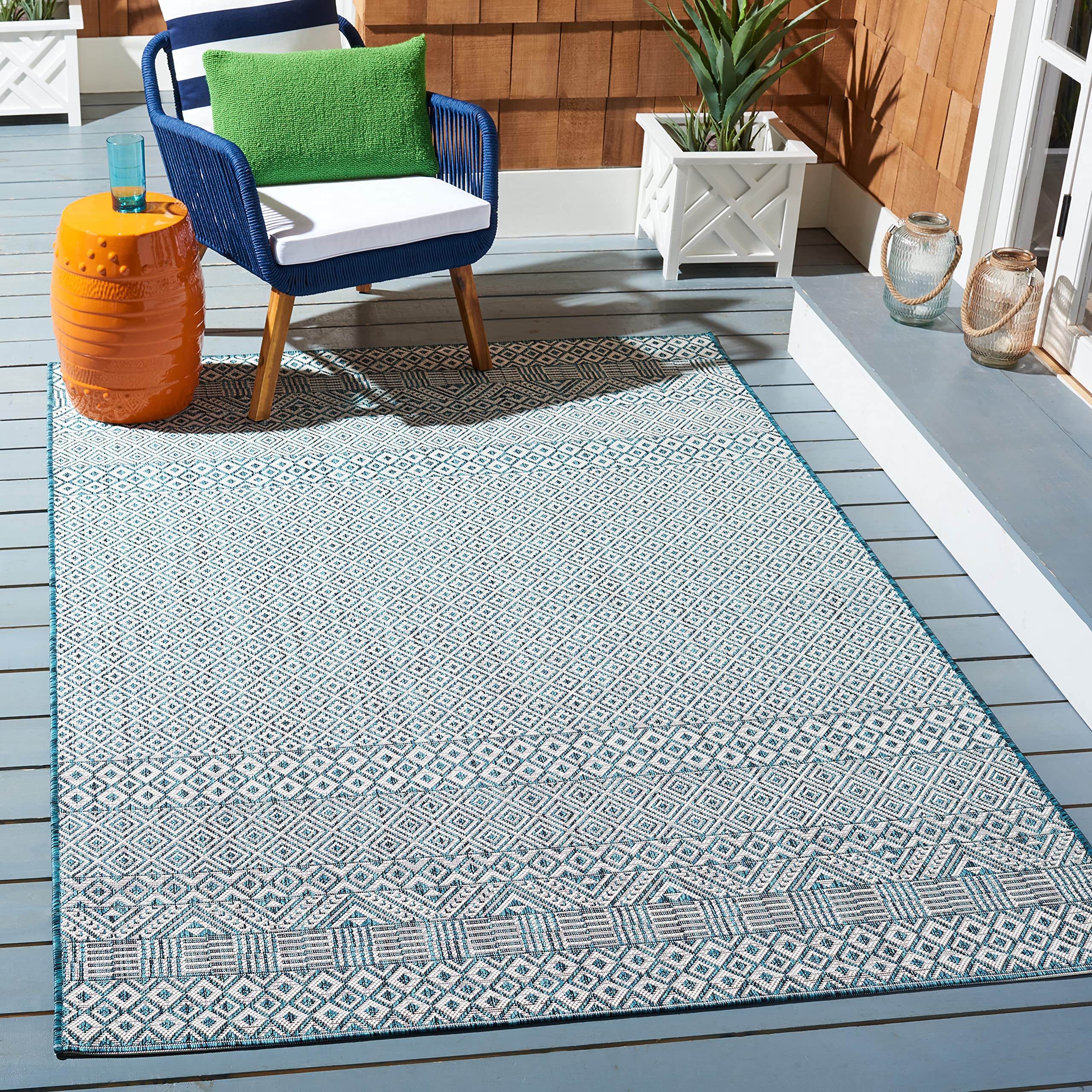 Safavieh Courtyard Collection 2'7' X 5' Ivory/Aqua Cy8235 Indoor/ Outside Waterproof Easy Cleansingpatio Backyard Mudroom Area