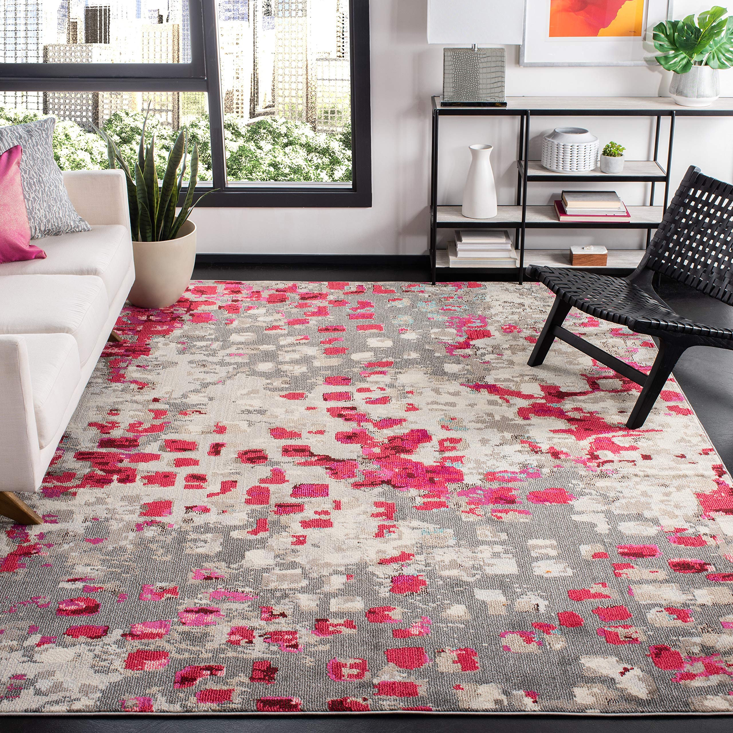 SAFAVIEH Madison Collection 3 Square Grey / Red MAD425R Boho Abstract Distressed Non-Shedding Living Room Bedroom Accent Rug