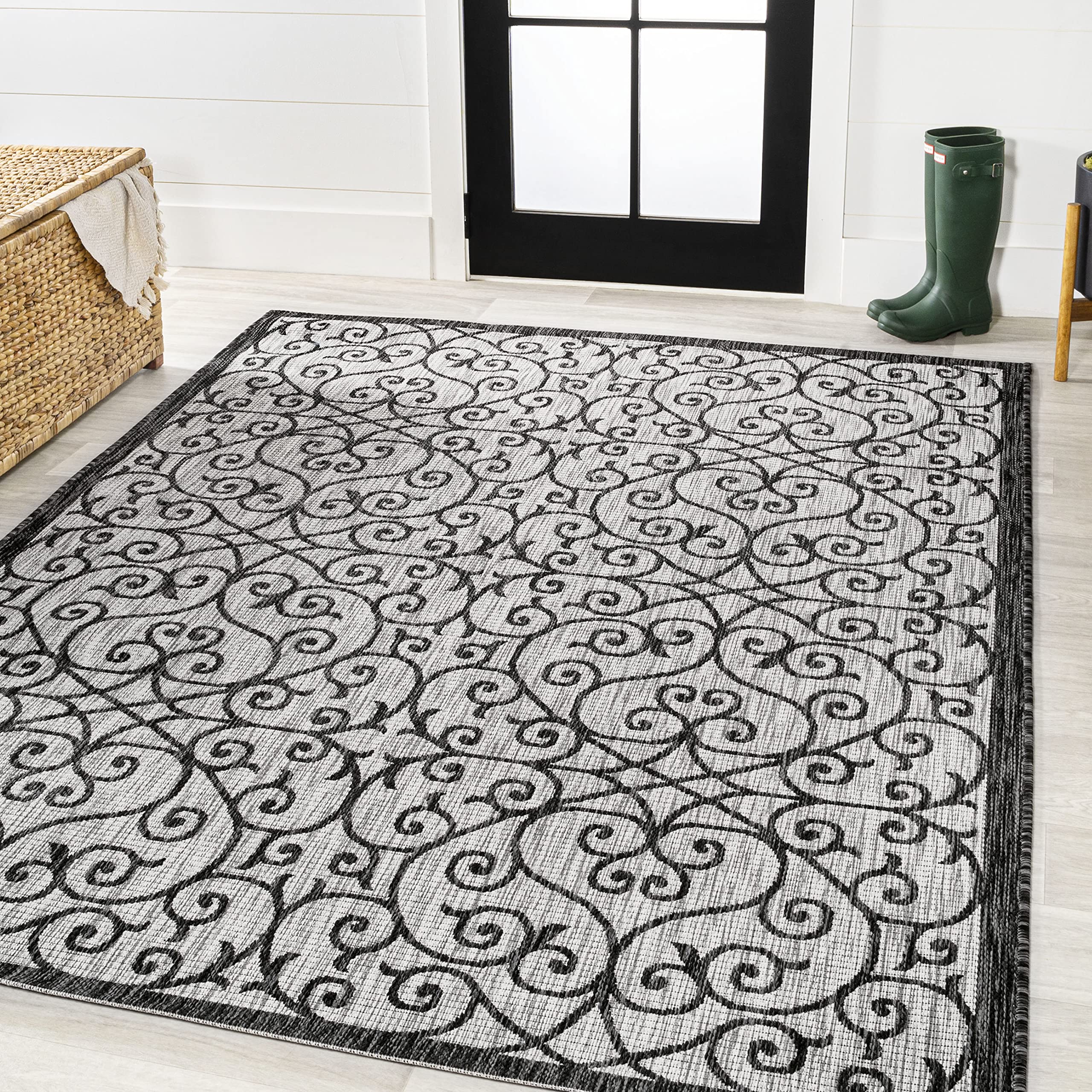JONATHAN Y SMB107E-6 Madrid Vintage Filigree Textured Weave Light Gray/Black 6 ft. x 9 ft. Indoor/Outdoor Area Rug, Pet Friendly