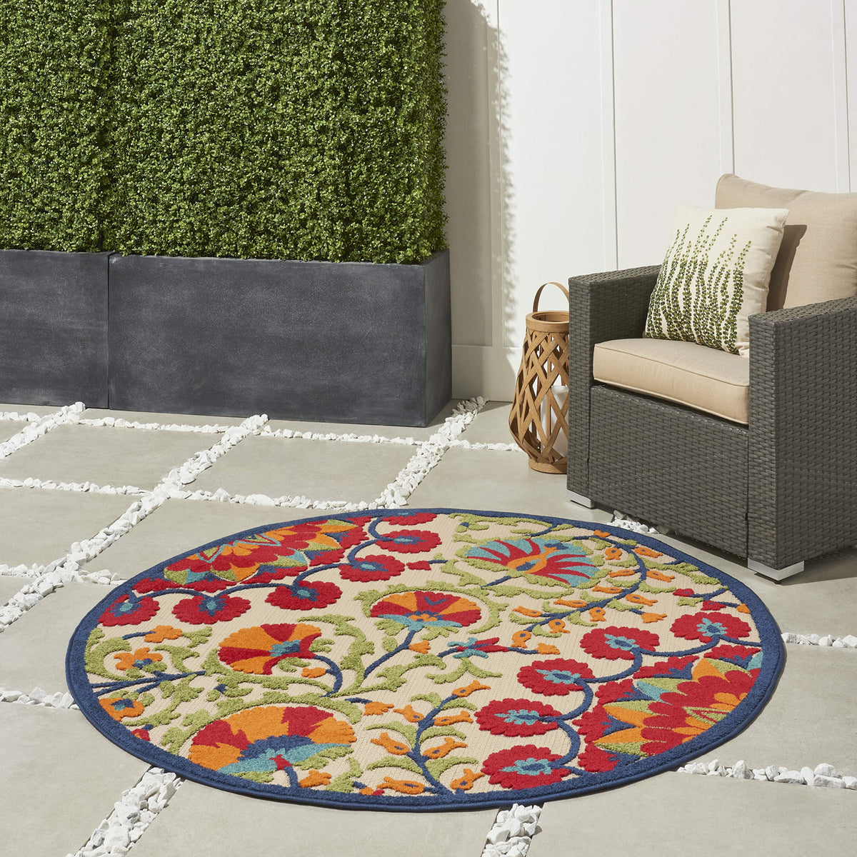 Nourison Aloha Indoor/Outdoor Red/Multi 5'3' X Round Area Rug, Easy Cleaning, Non Shedding, Bed Room, Living Room, Dining Room,