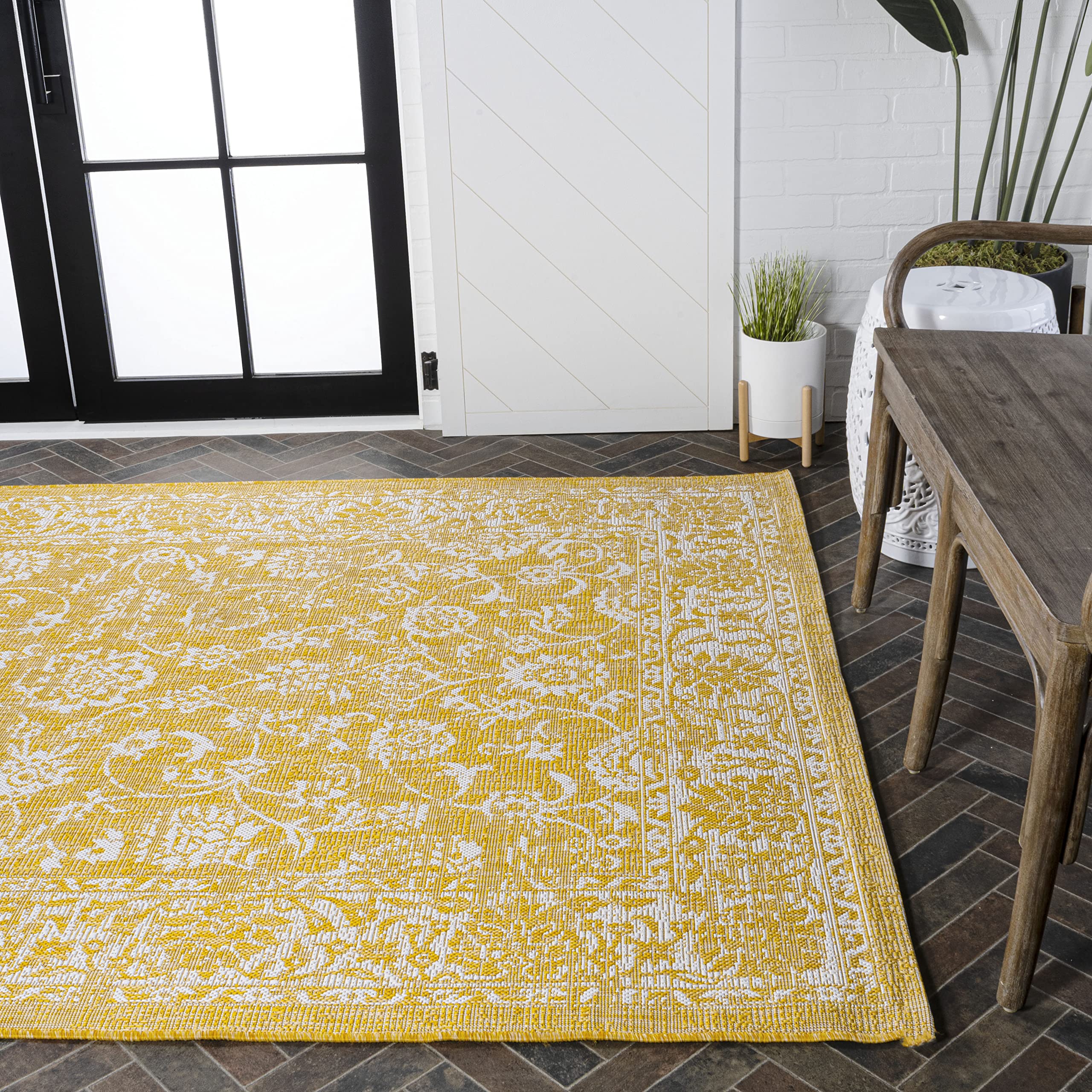 Jonathan Y Smb100E-4 Tela Bohemian Textured Weave Floral Indoor Outdoor Area Rug, Coastal, Traditional, Transitional Easy Cleaning,Bedroom,Kitchen,Backyard,Patio,Non Shedding, Yellow/Cream, 4 X 6