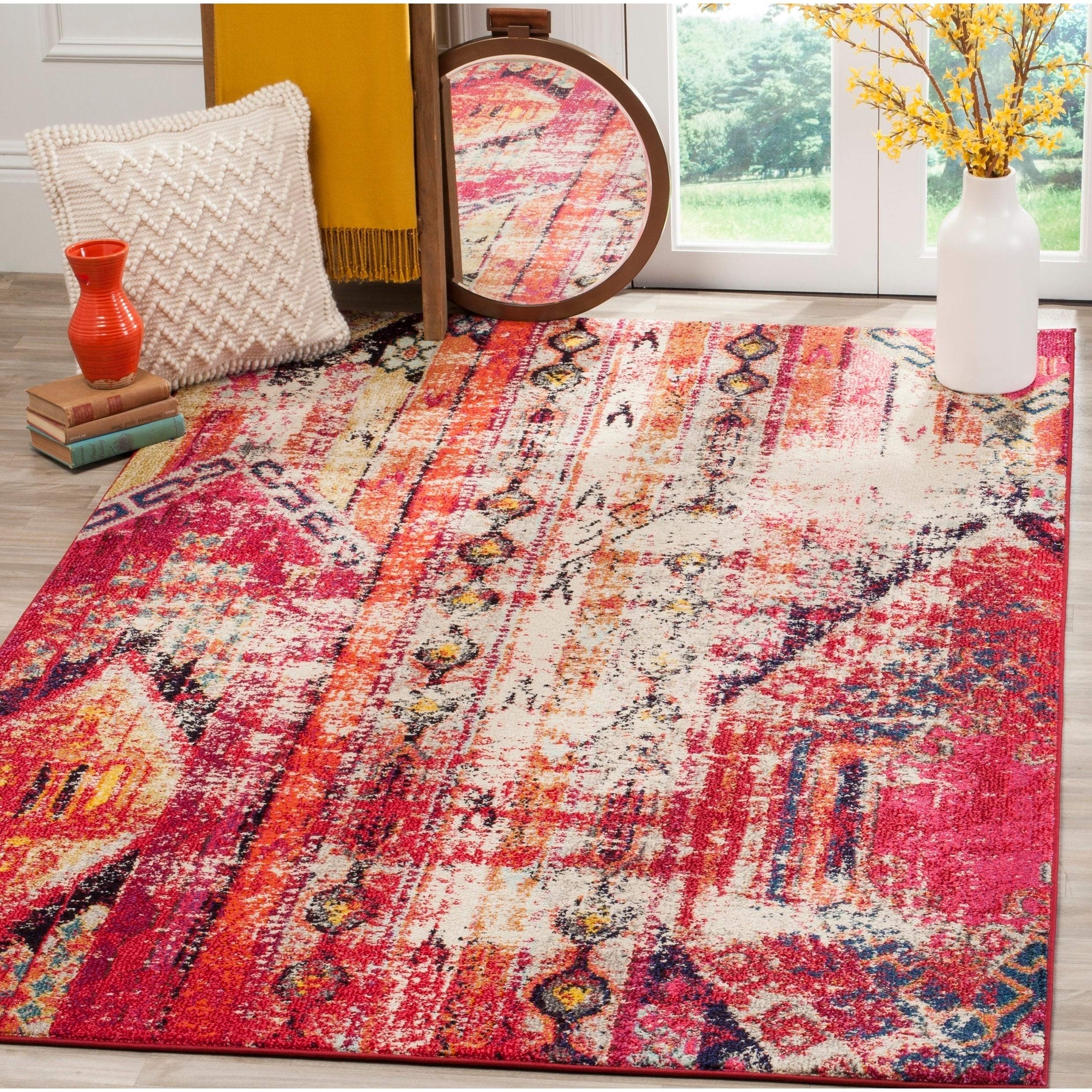 SAFAVIEH Monaco Collection Area Rug - 8 x 10, Magenta & Multi, Boho Chic Tribal Distressed Design, Non-Shedding & Easy Care, I