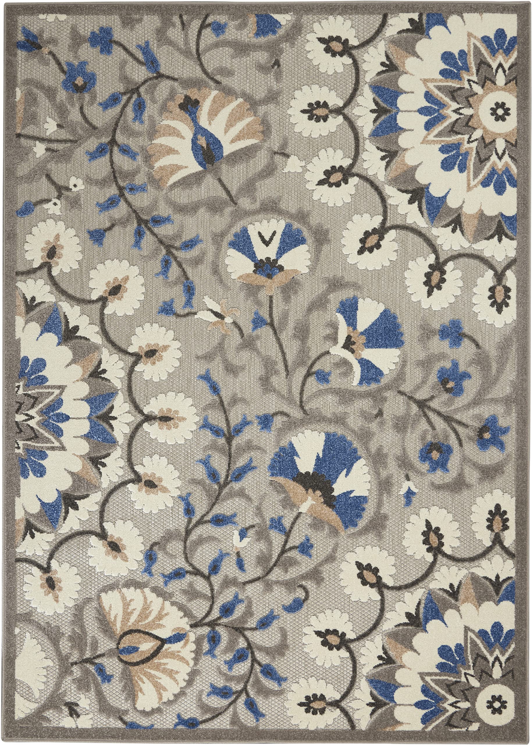 Nourison Aloha Indoor/Outdoor Grey/Multi 5'3' X 7'5' Area Rug, Easy Cleaning, Non Shedding, Bed Room, Living Room, Dining Room