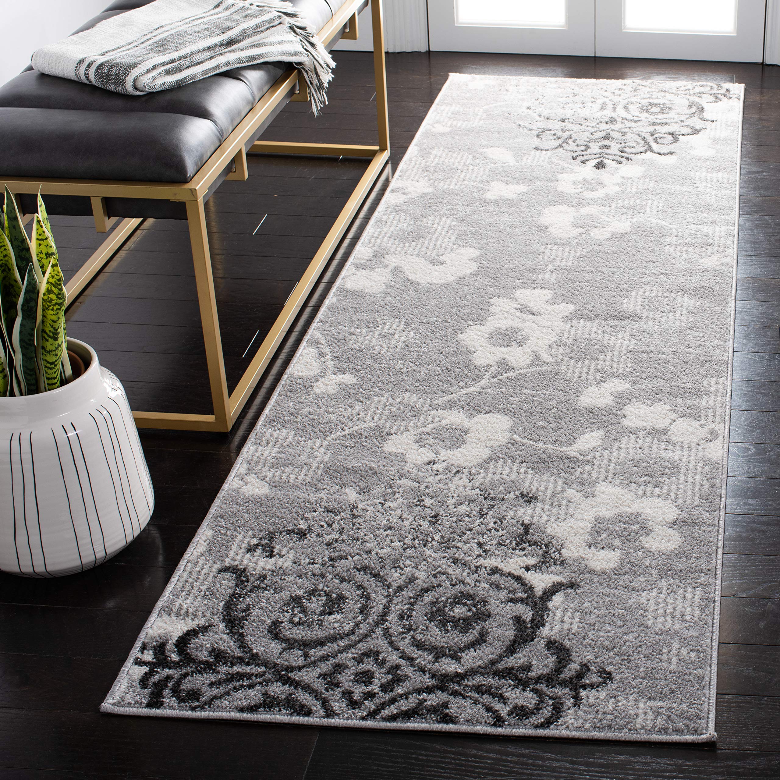SAFAVIEH Adirondack Collection Runner Rug - 21 x 6, Silver & Ivory, Floral Glam Damask Distressed Design, Non-Shedding & Easy 