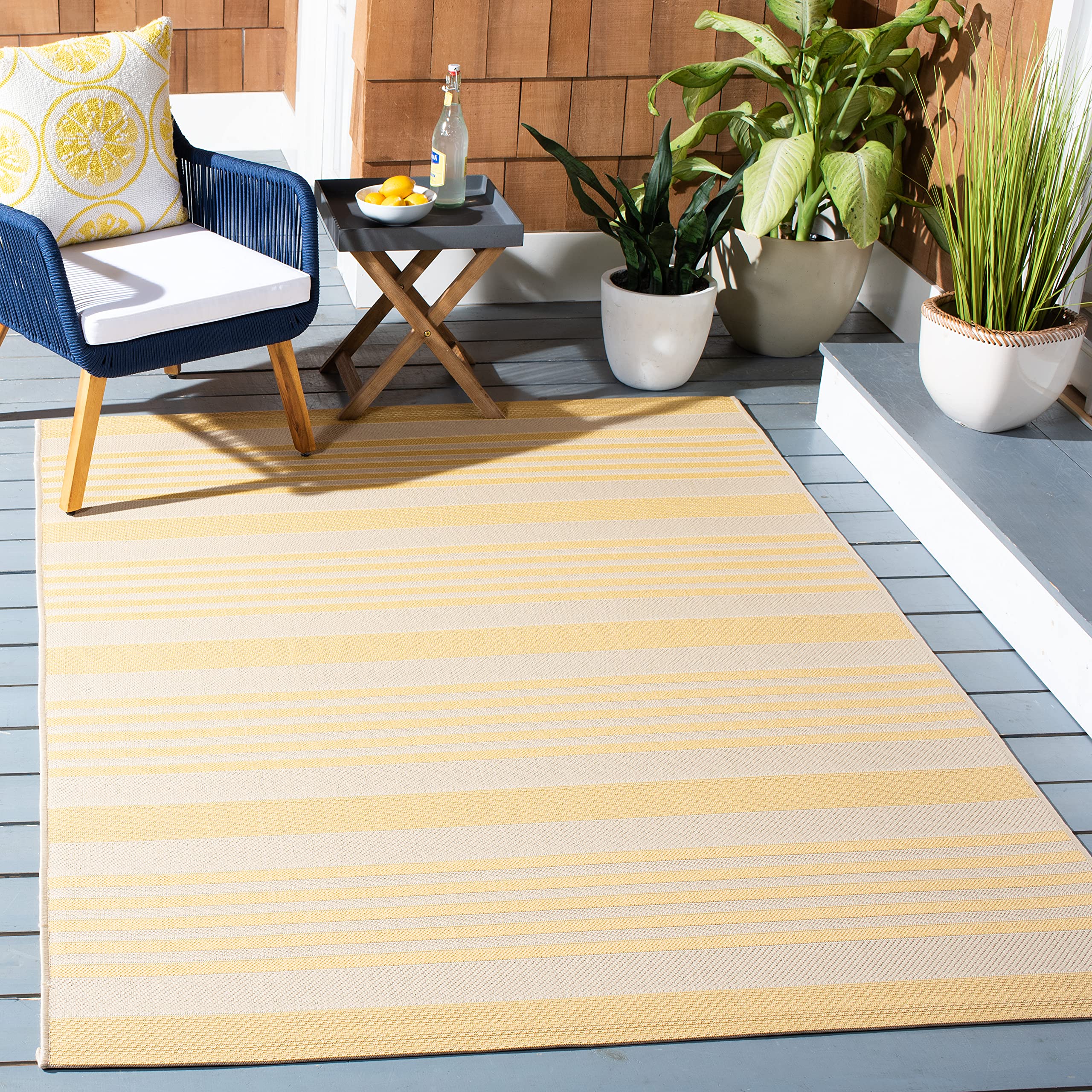 Safavieh Courtyard Collection Area Rug - 5'3'' X 7'7'', Gold & Beige, Nautical Coastal Stripe Design, Non-Shedding & Easy Care,