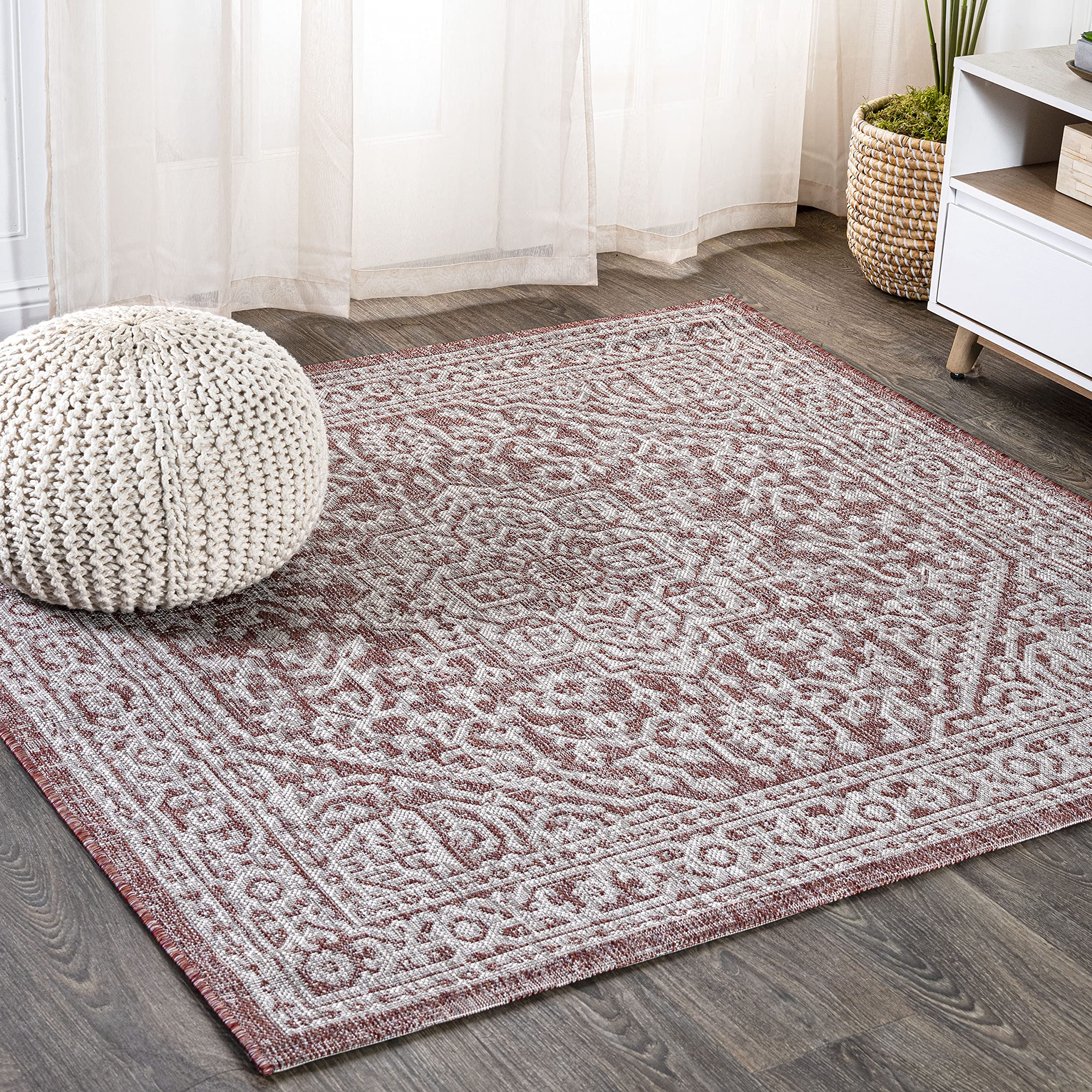 Jonathan Y Smb101A-6Sq Sinjuri Medallion Textured Weave Red/Taupe 6' Square Indoor/Outdoor Area Rug, Pet Friendly, Non-Shedding,