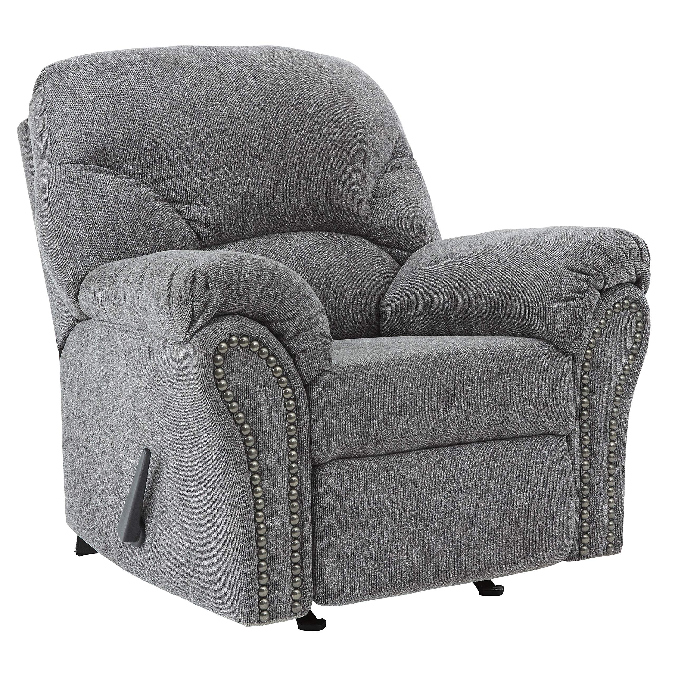 Benjara Nickel Nailhead Trim Fabric Upholstered Rocker Recliner, Gray